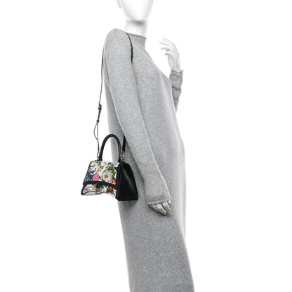 Balenciaga X GUCCI Canvas Boarded Plutone Calfskin Flora Logo Print Small Hourglass Top Handle Bag White Multicolor Black 2 of 11