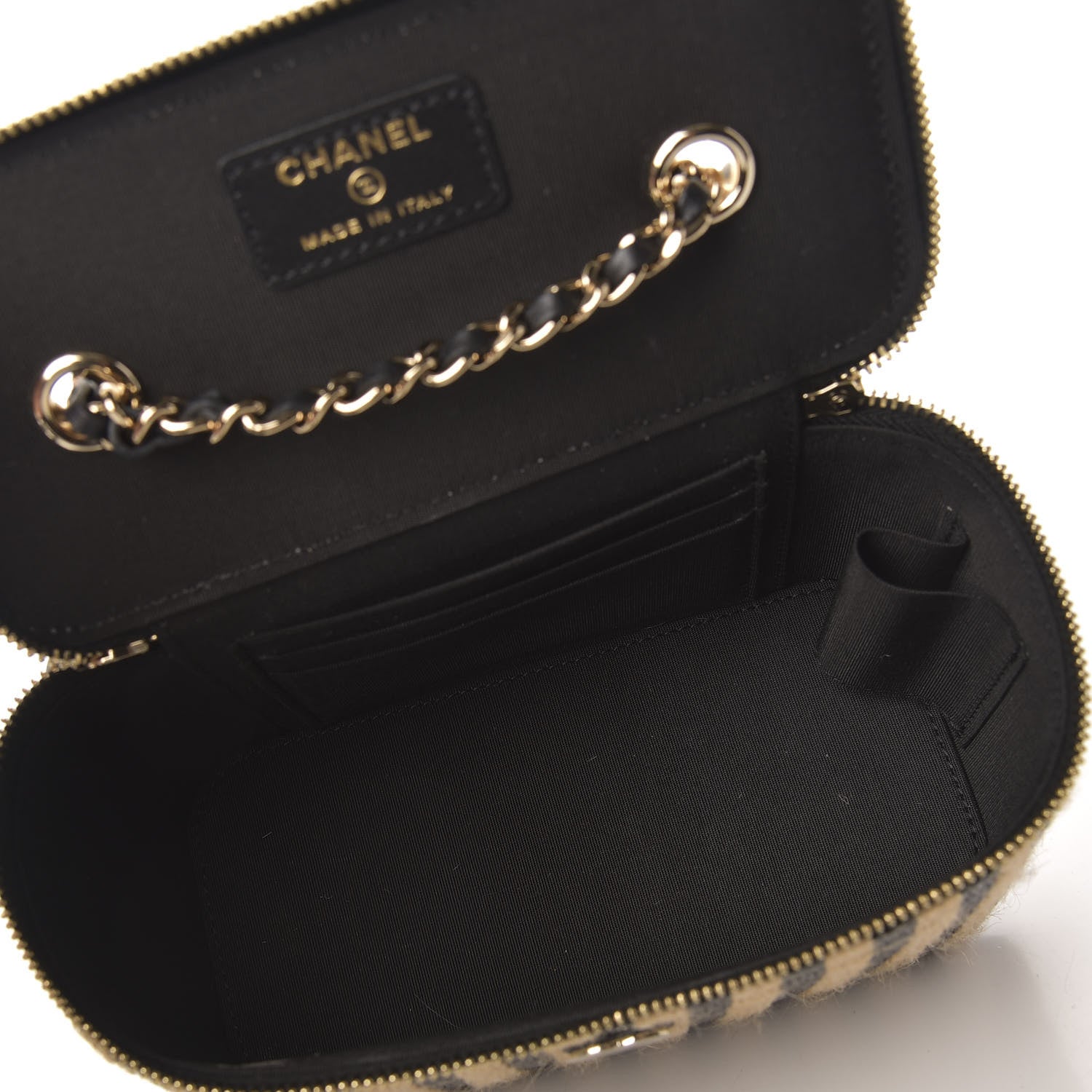 Chanel Raffia Jute Striped Small Vanity Case With Chain Black Beige 5 of 10