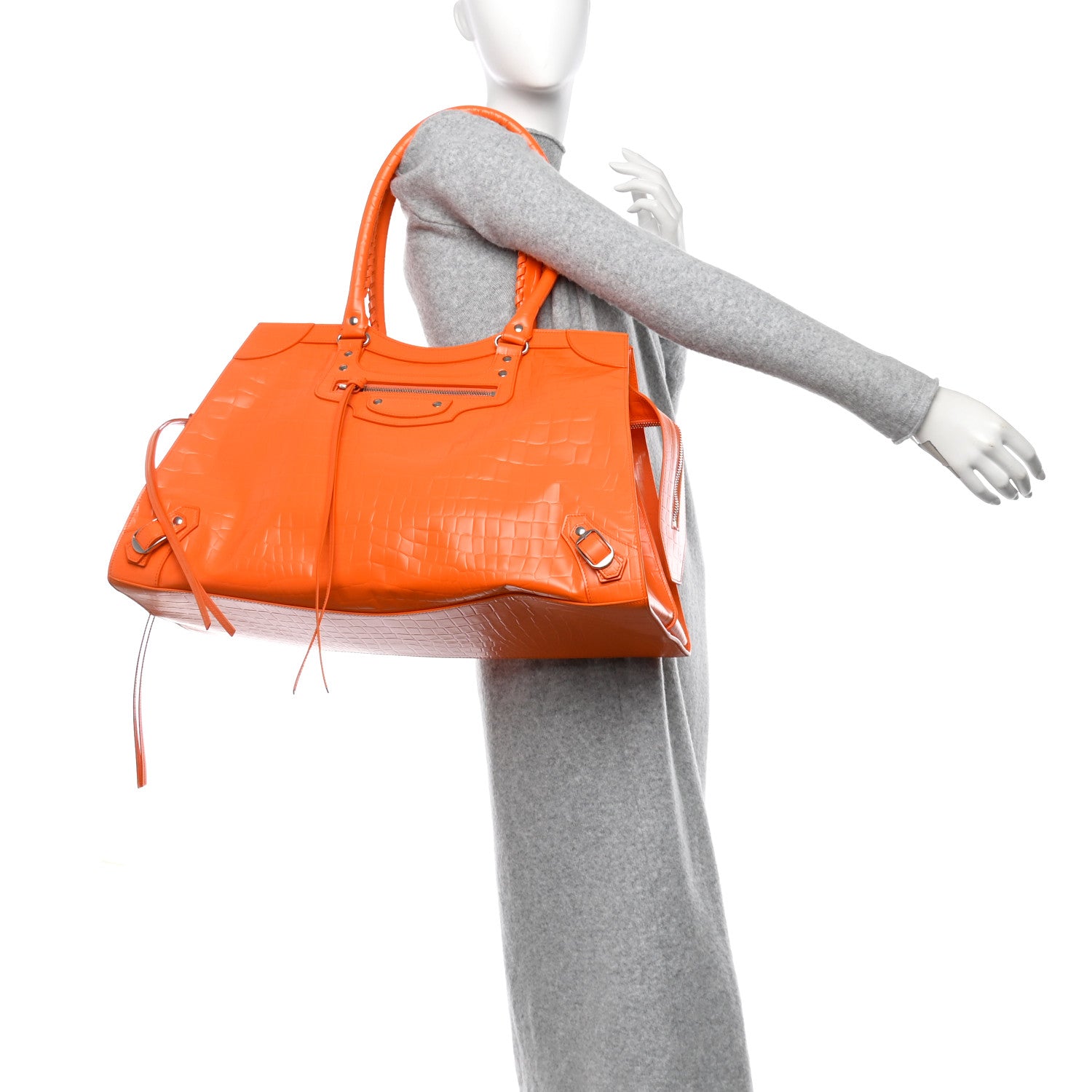Balenciaga Semi Shiny Calfskin Crocodile Embossed Neo Classic Silver Hardware Large Top Handle Bag Orange 2 of 13