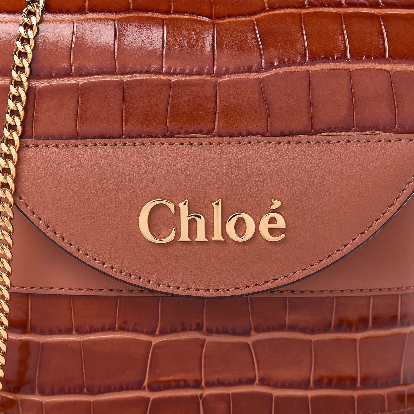 Calfskin Crocodile Embossed Small Aby Lock Chestnut Brown
