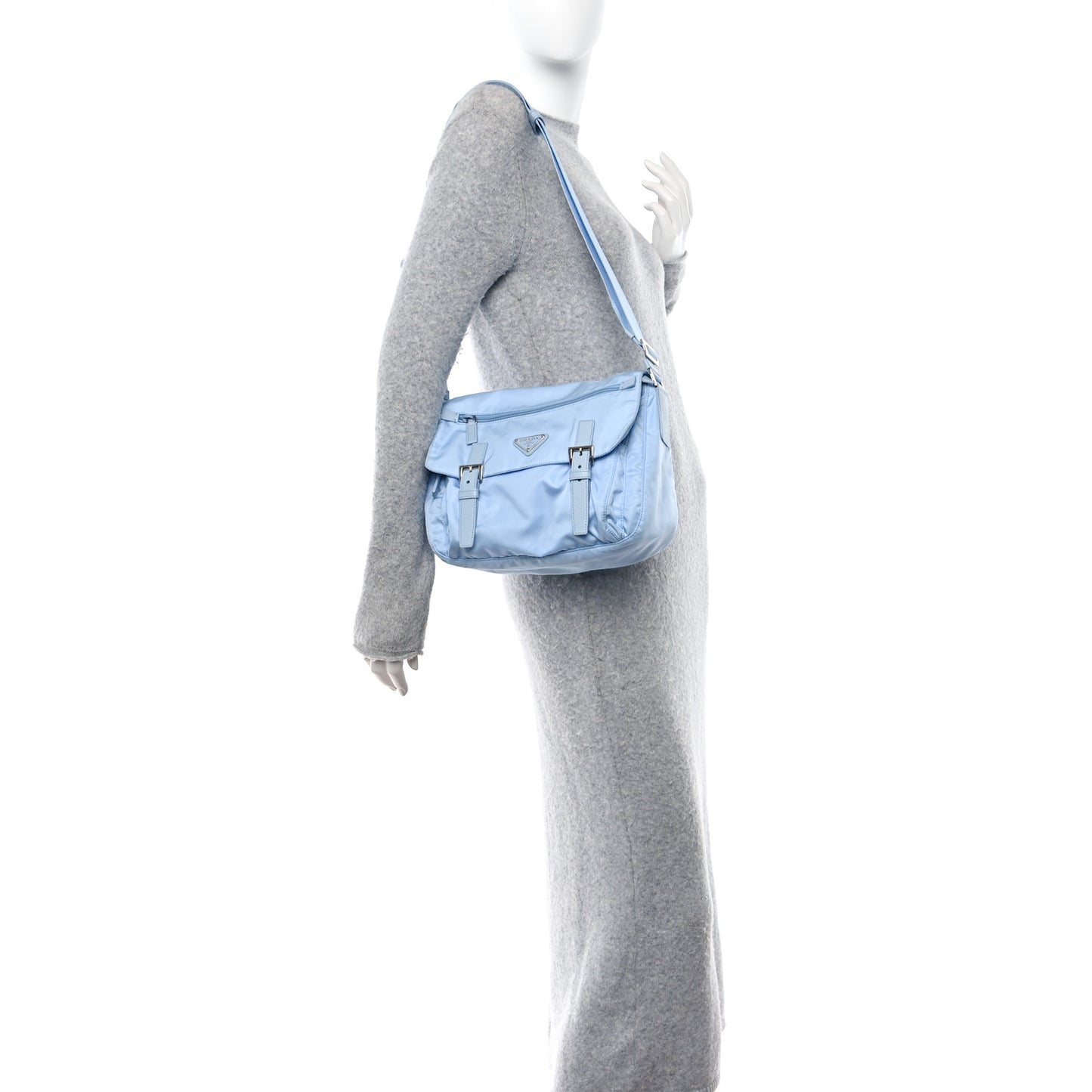 Re-Nylon Vela Saffiano Pocket Double Buckle Messenger Shoulder Bag Fiordaliso