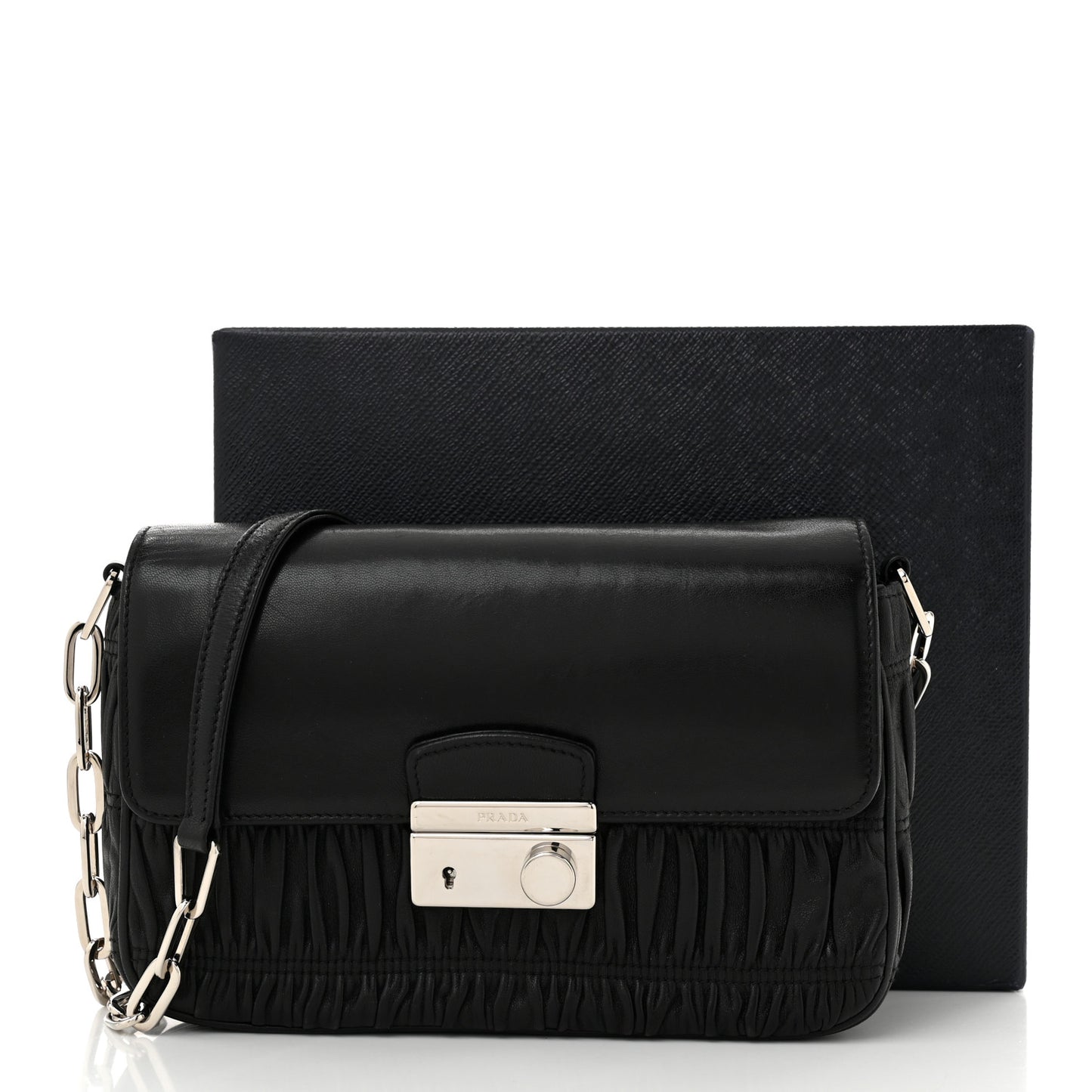 Nappa Gaufre Sound Chain Flap Shoulder Bag Black