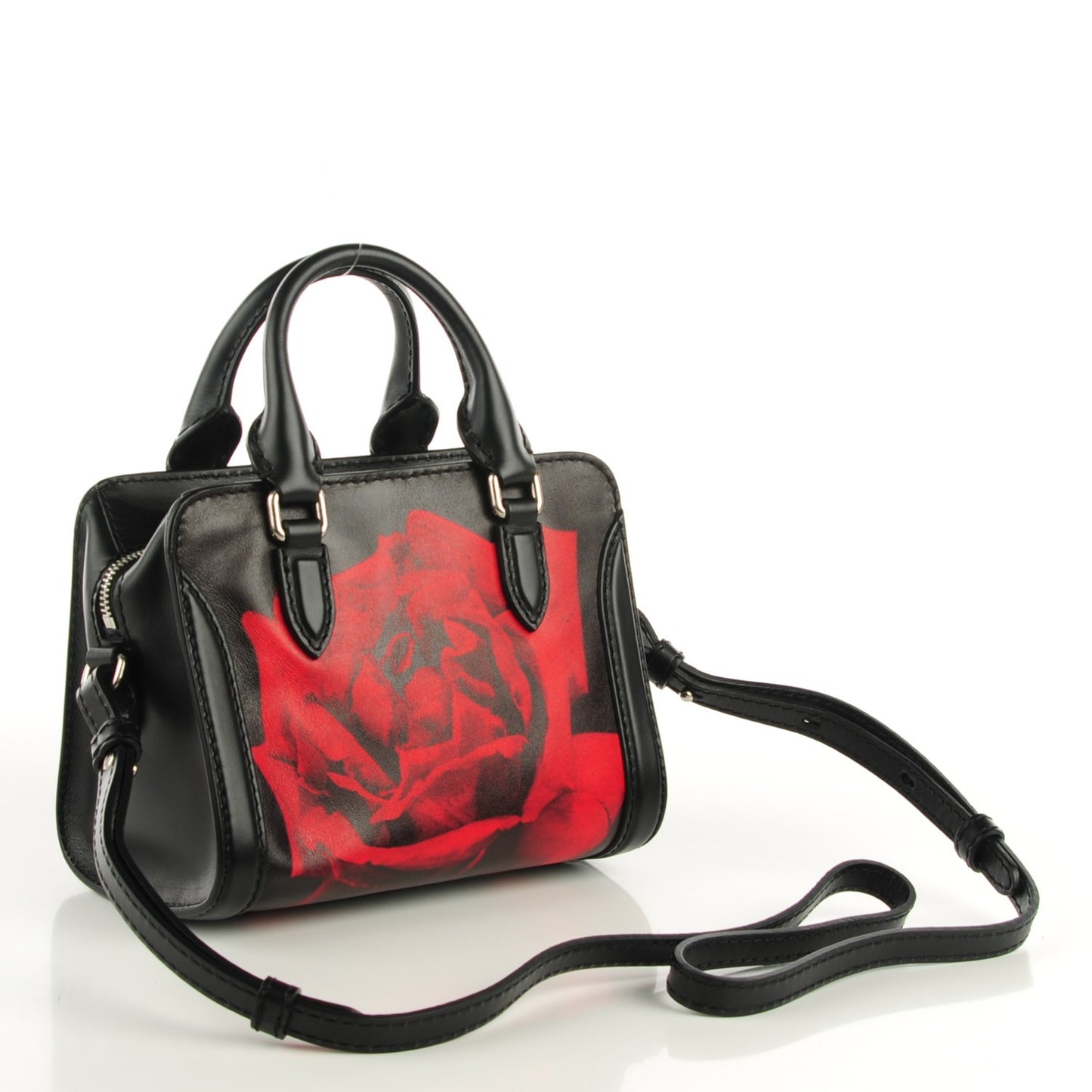 Calfskin Rose Printed Mini Padlock Satchel Black