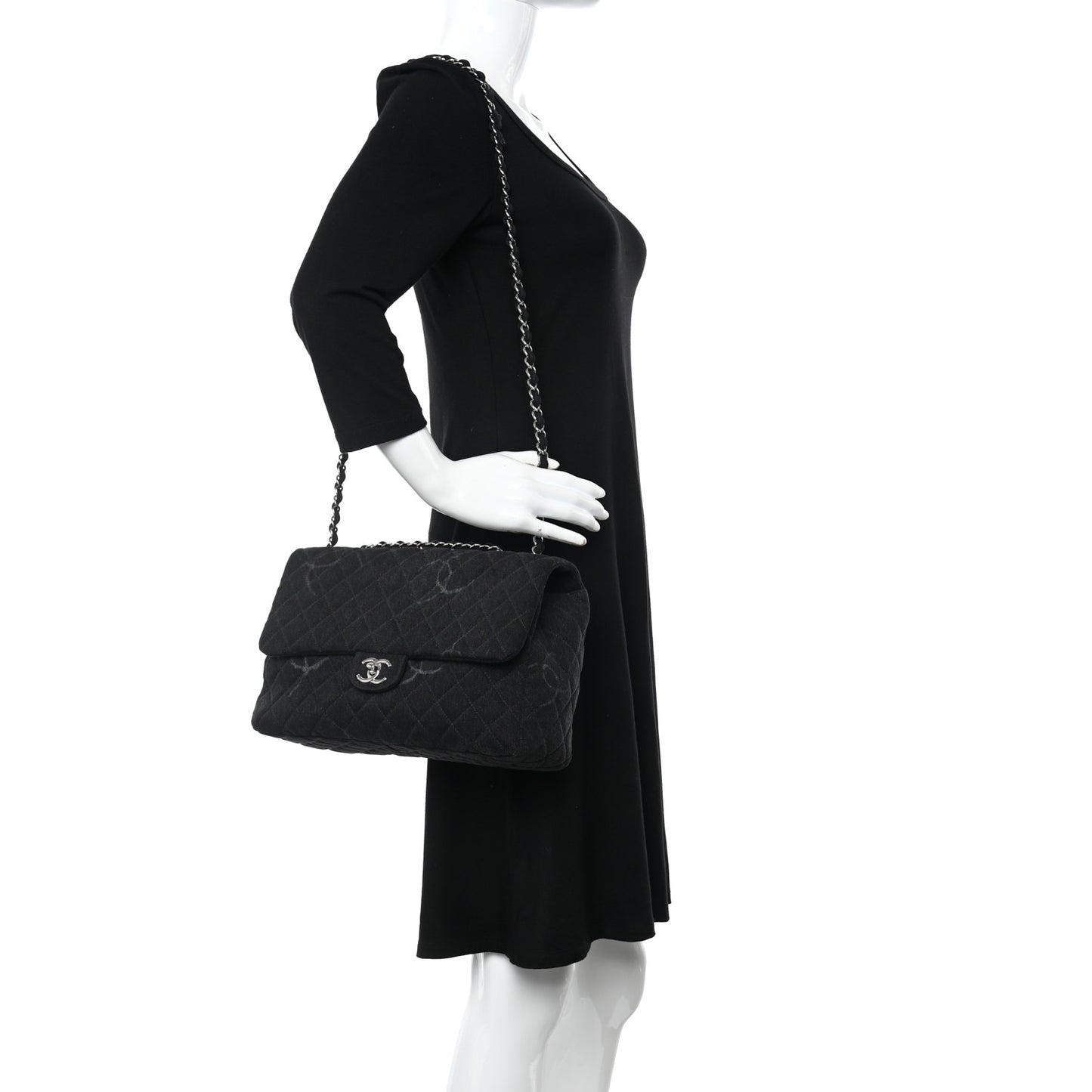 Denim Quilted CC Print Jumbo Single Flap Black