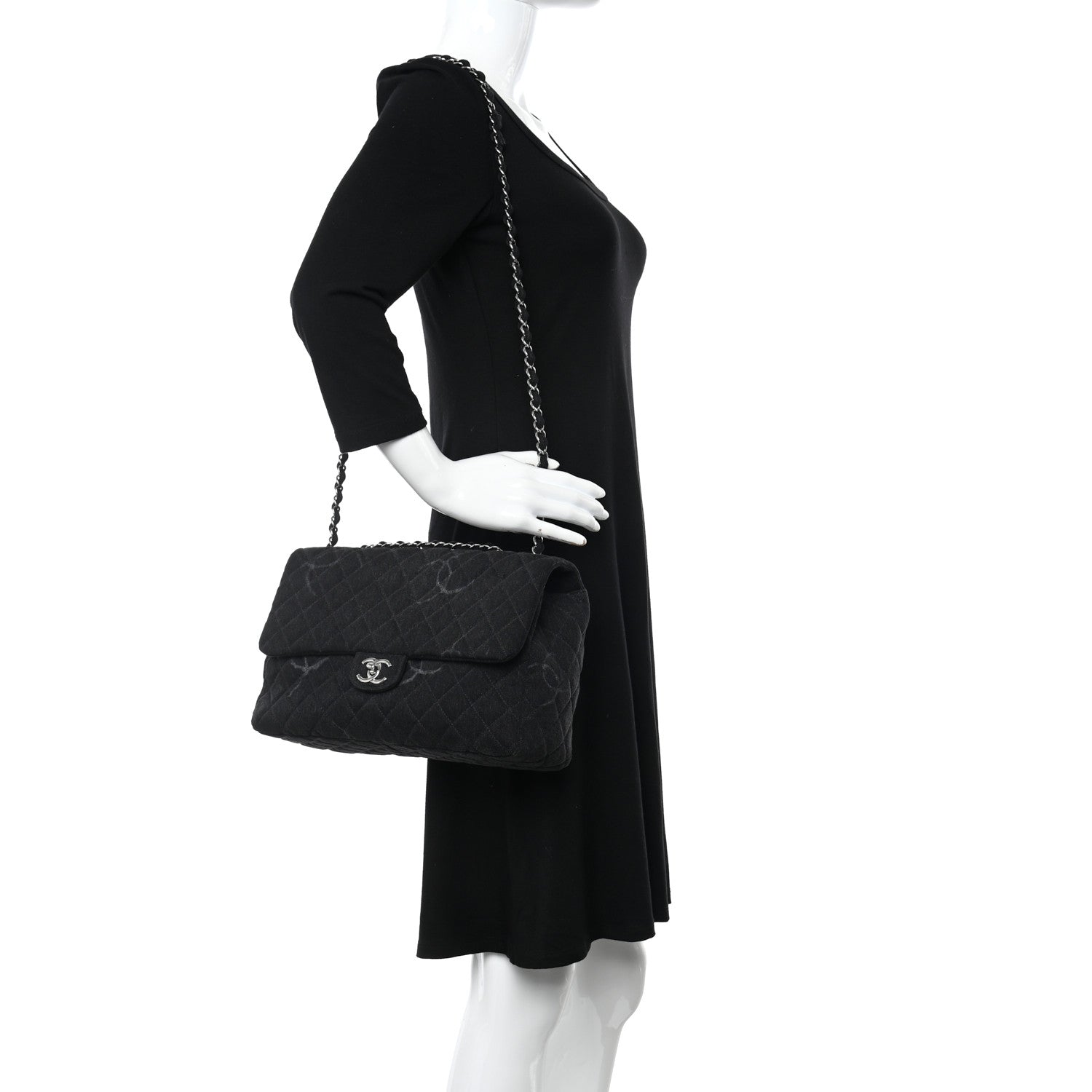 Chanel Denim Quilted CC Print Jumbo Single Flap Black 2 of 10