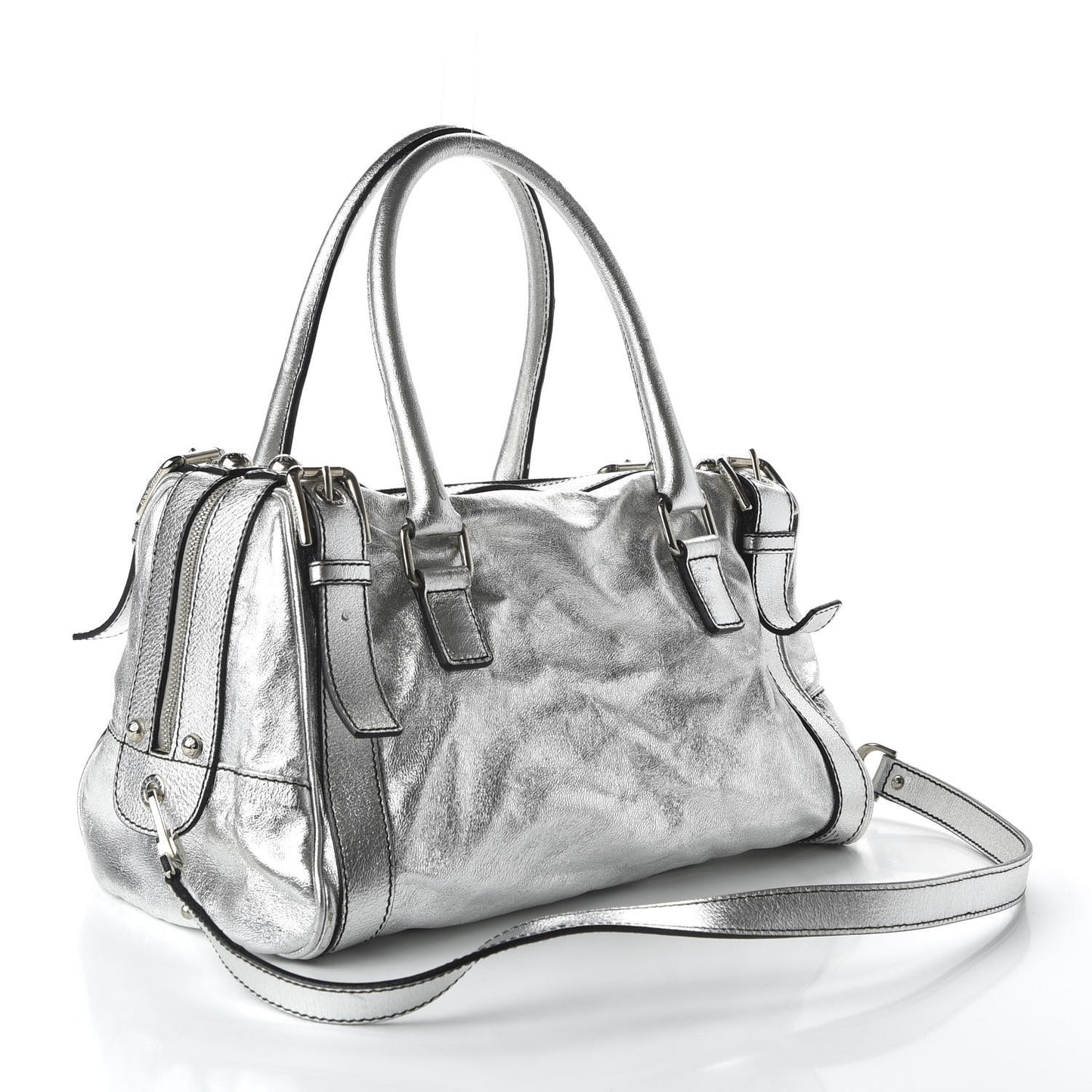 Metallic Calfskin Miss Easy Way Boston Bag Argento