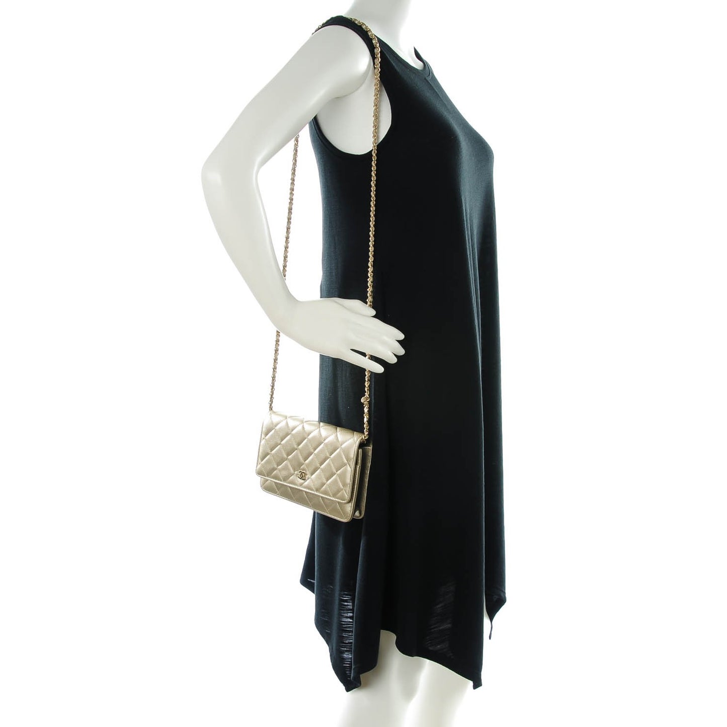 Pearly Caviar Quilted Wallet On Chain WOC Light Gold