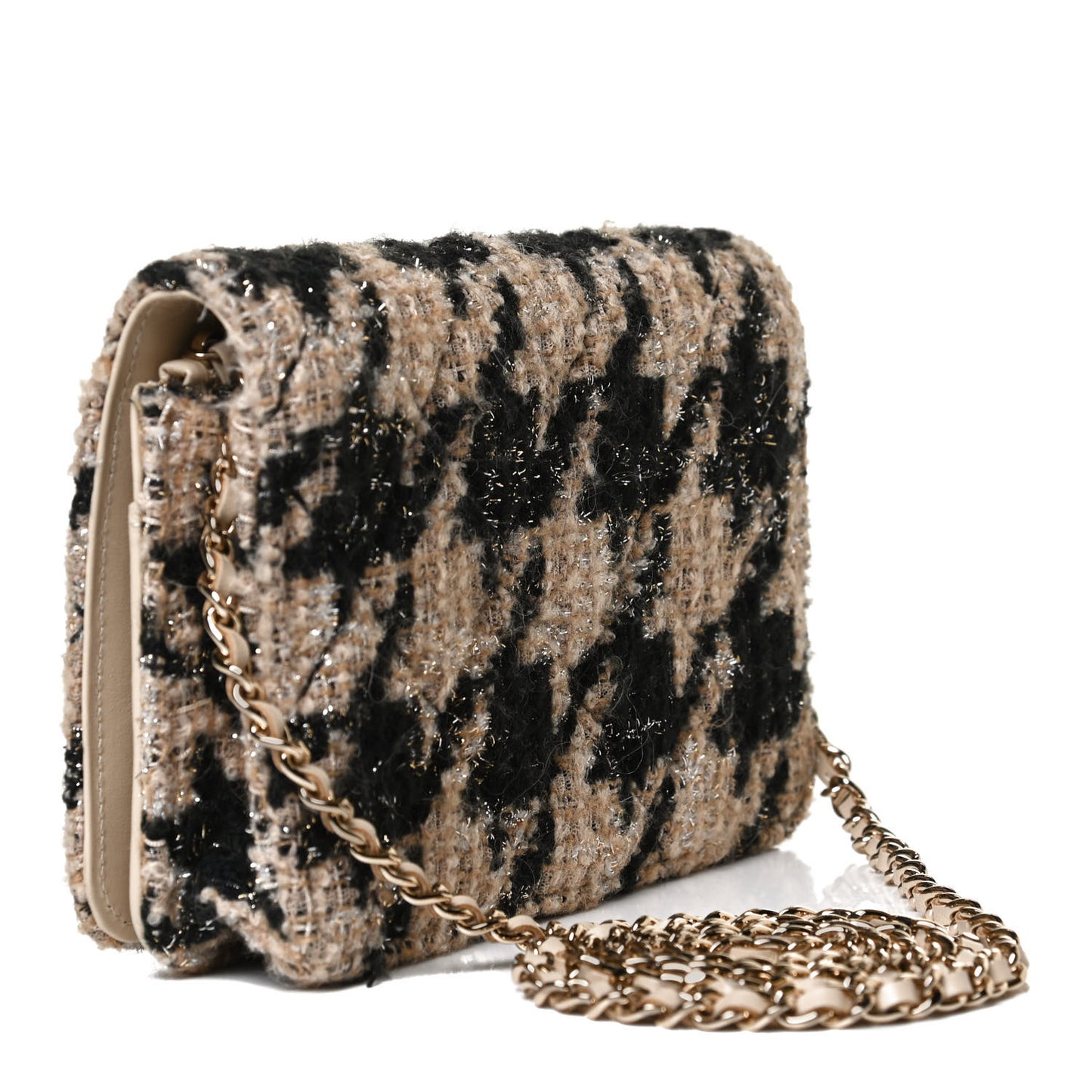 Tweed Shearling Quilted Chanel Wallet On Chain WOC and Coin Purse Beige Black