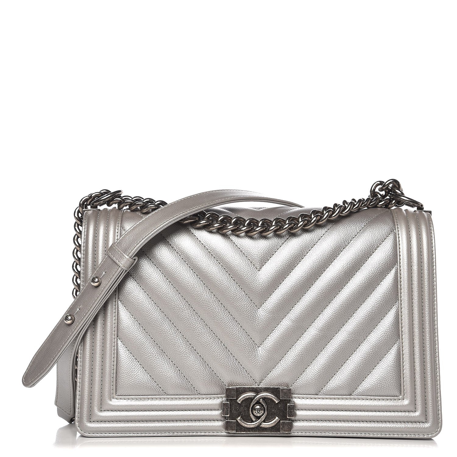 Chanel Caviar Chevron Quilted New Medium Boy Flap Silver 1 of 9