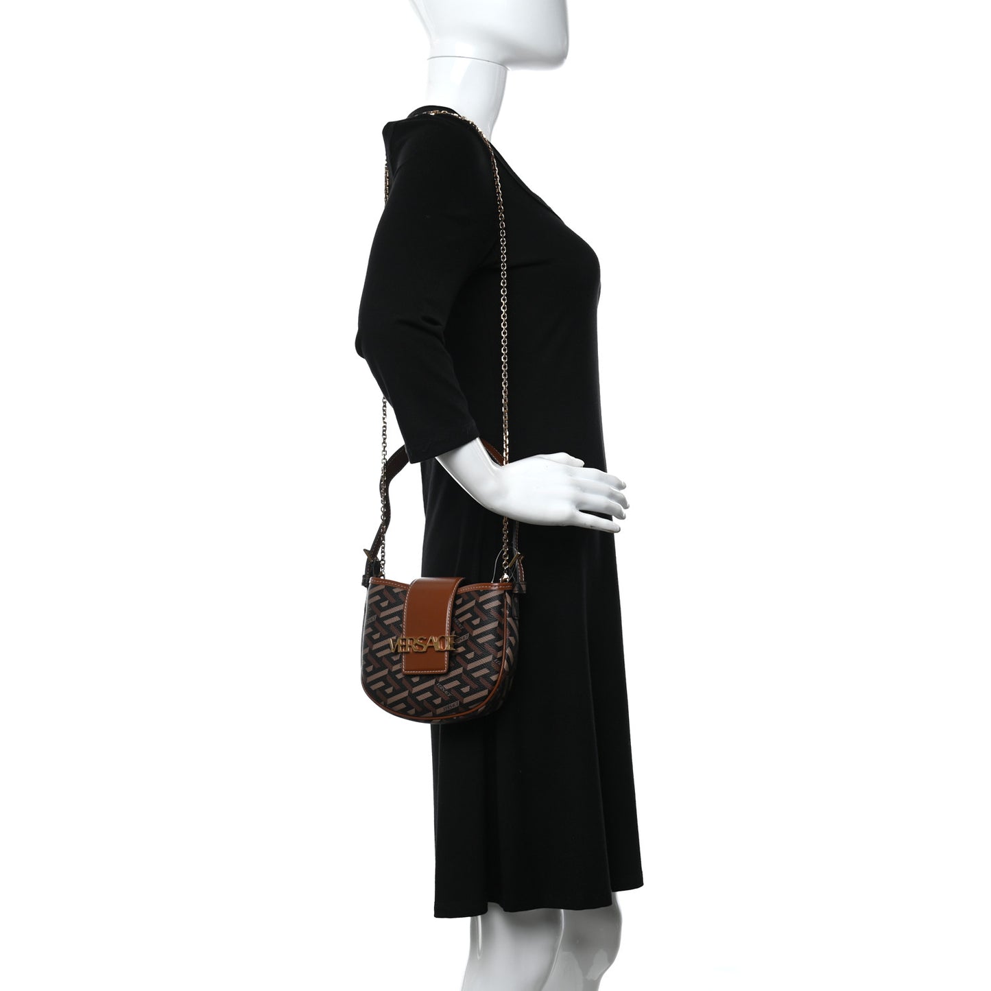 Coated Canvas La Greca Signature Shoulder Bag Black Caramel