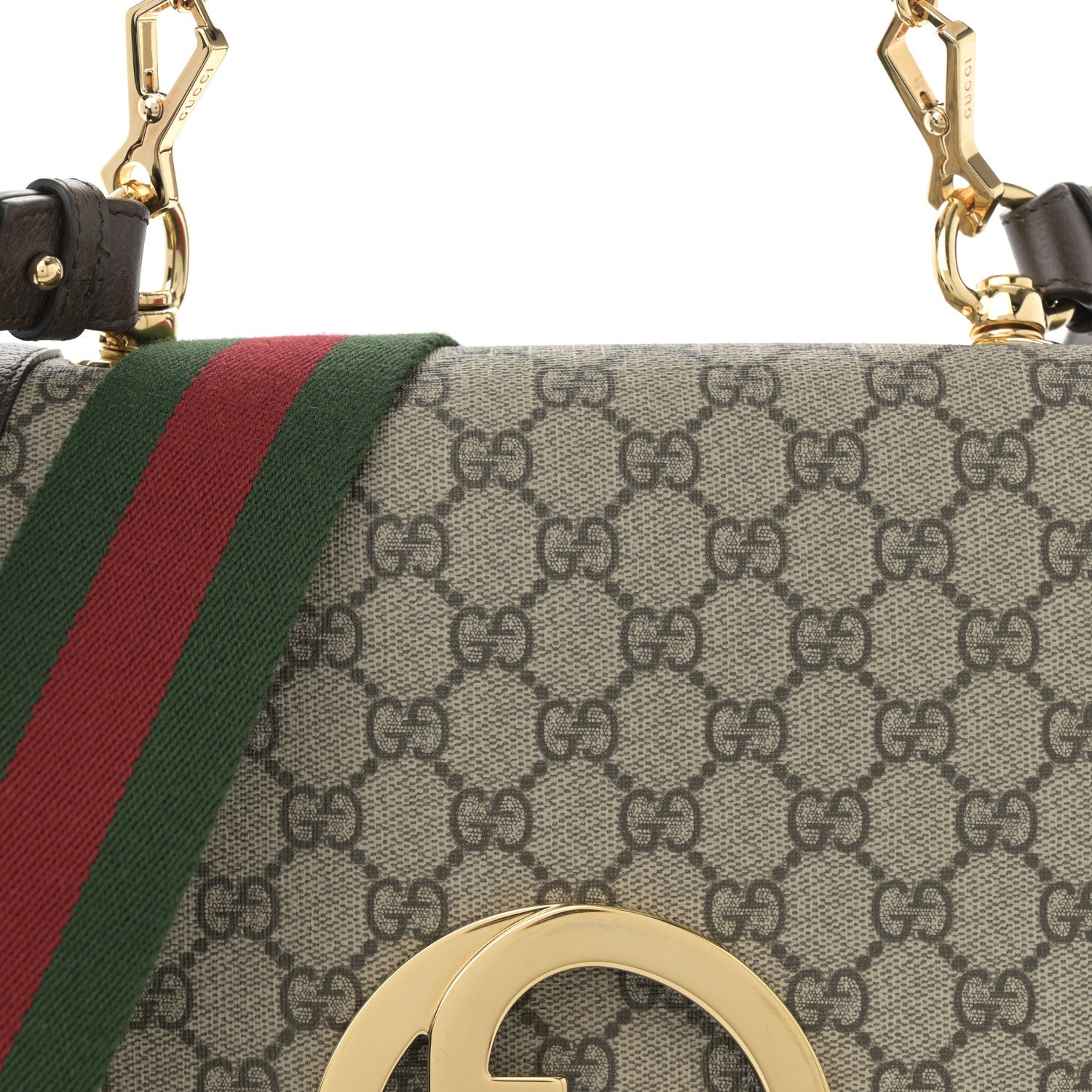 Gucci GG Supreme Monogram Textured Dollar Calfskin Web Medium Blondie Top Handle Shoulder Flap Bag Beige Ebony New Acero 8 of 11