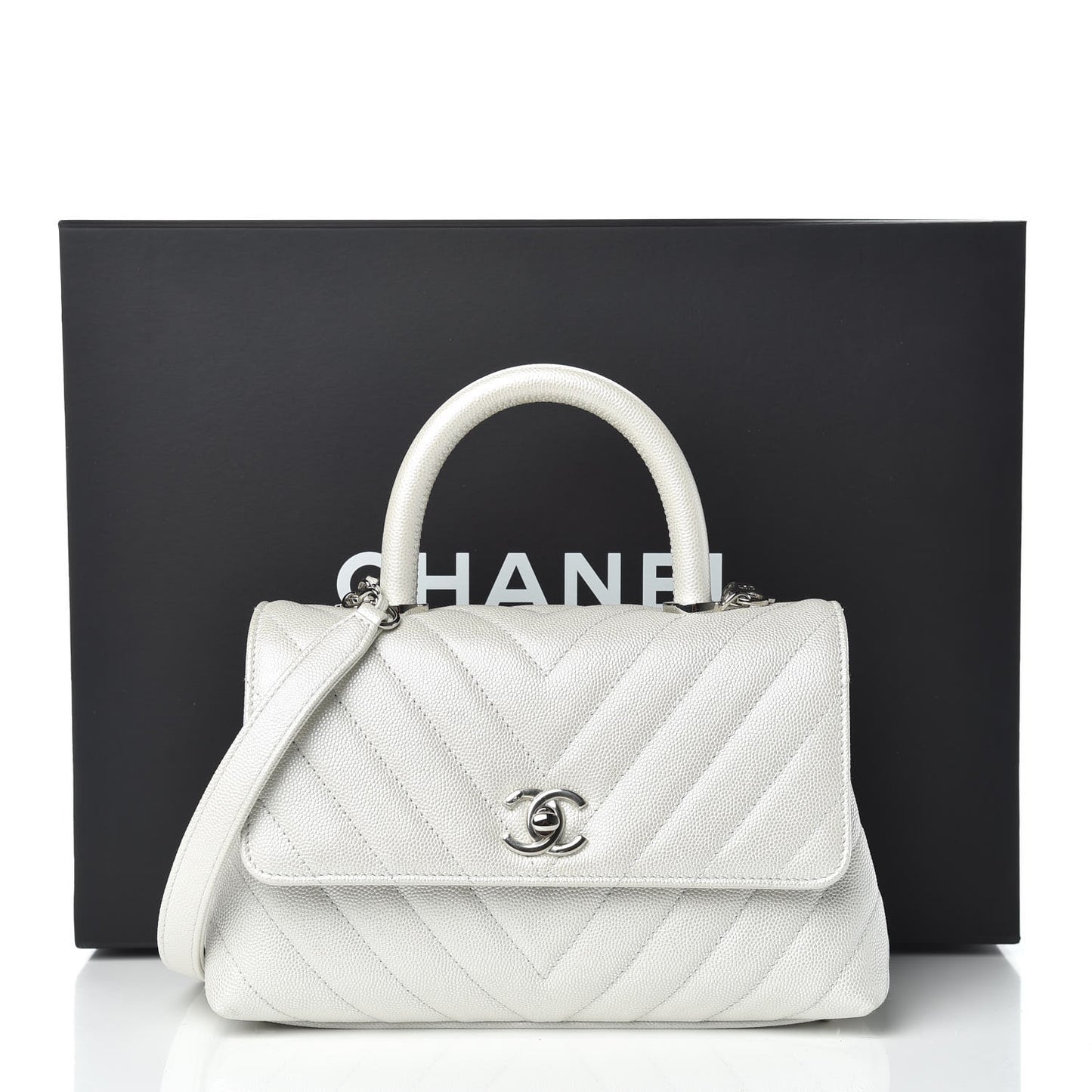 Iridescent Caviar Chevron Quilted Mini Coco Handle Flap White