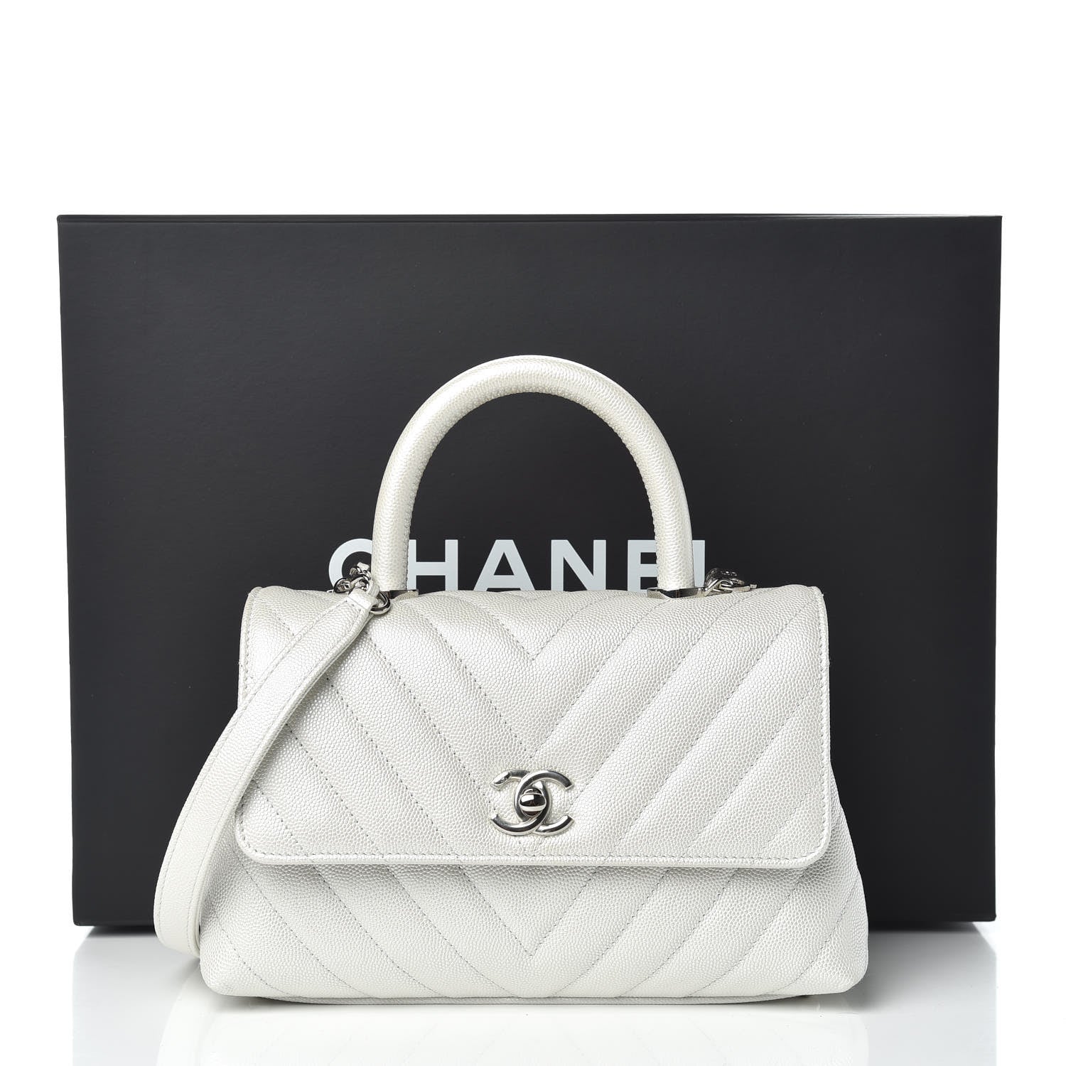 Chanel Iridescent Caviar Chevron Quilted Mini Coco Handle Flap White 9 of 9