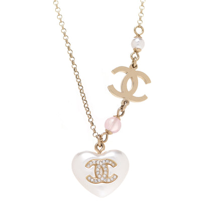 Chanel Resin Crystal CC Heart Necklace Pearly White Gold 4 of 6
