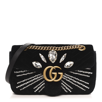 Gucci Velvet Matelasse Marquise Crystals Embroidered Small GG Marmont Shoulder Bag Black 1 of 10