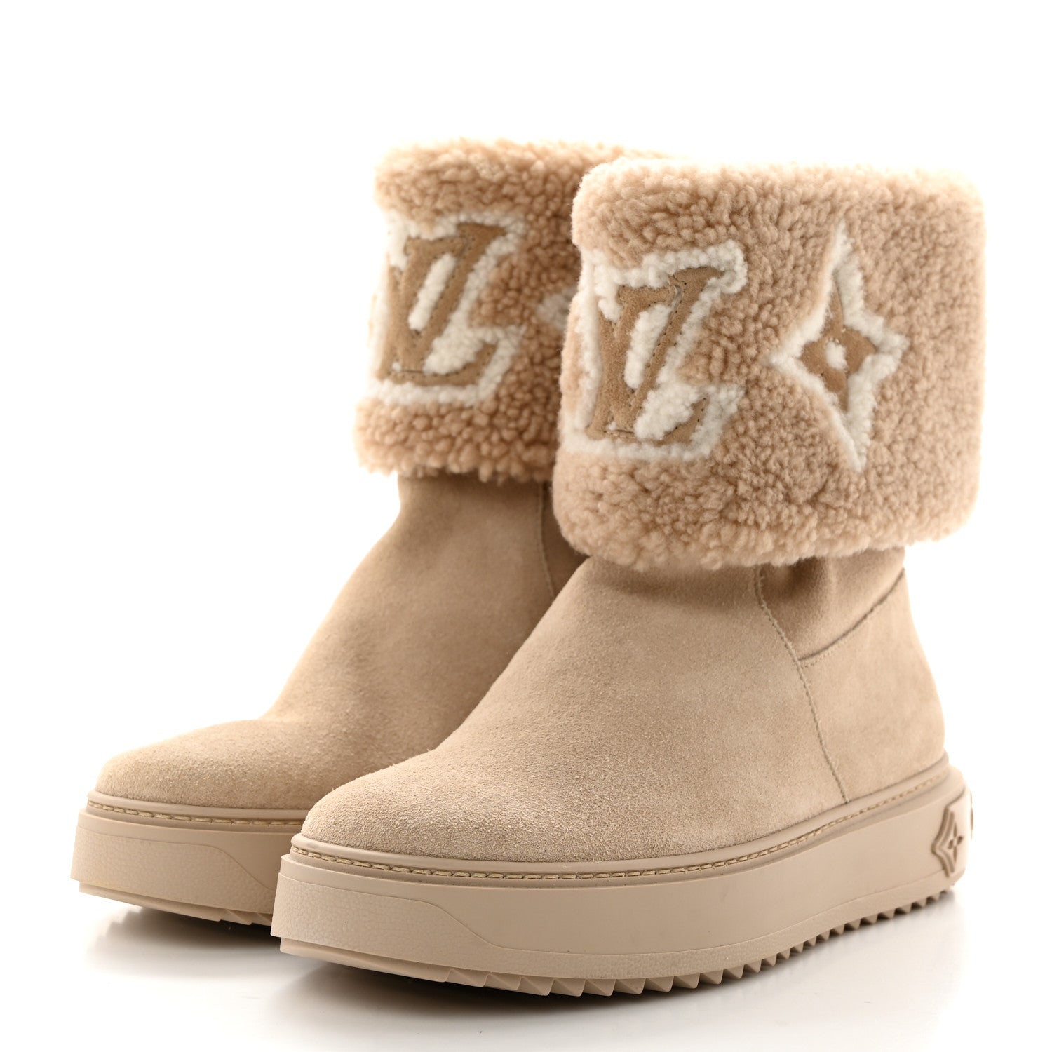 Louis Vuitton Suede Calfskin Shearling Snowdrop Flat Ankle Boot 37.5 Beige 3 of 9