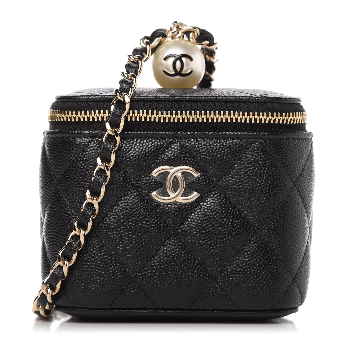 Caviar Quilted Mini Pearl On Top Vanity Case With Chain Black