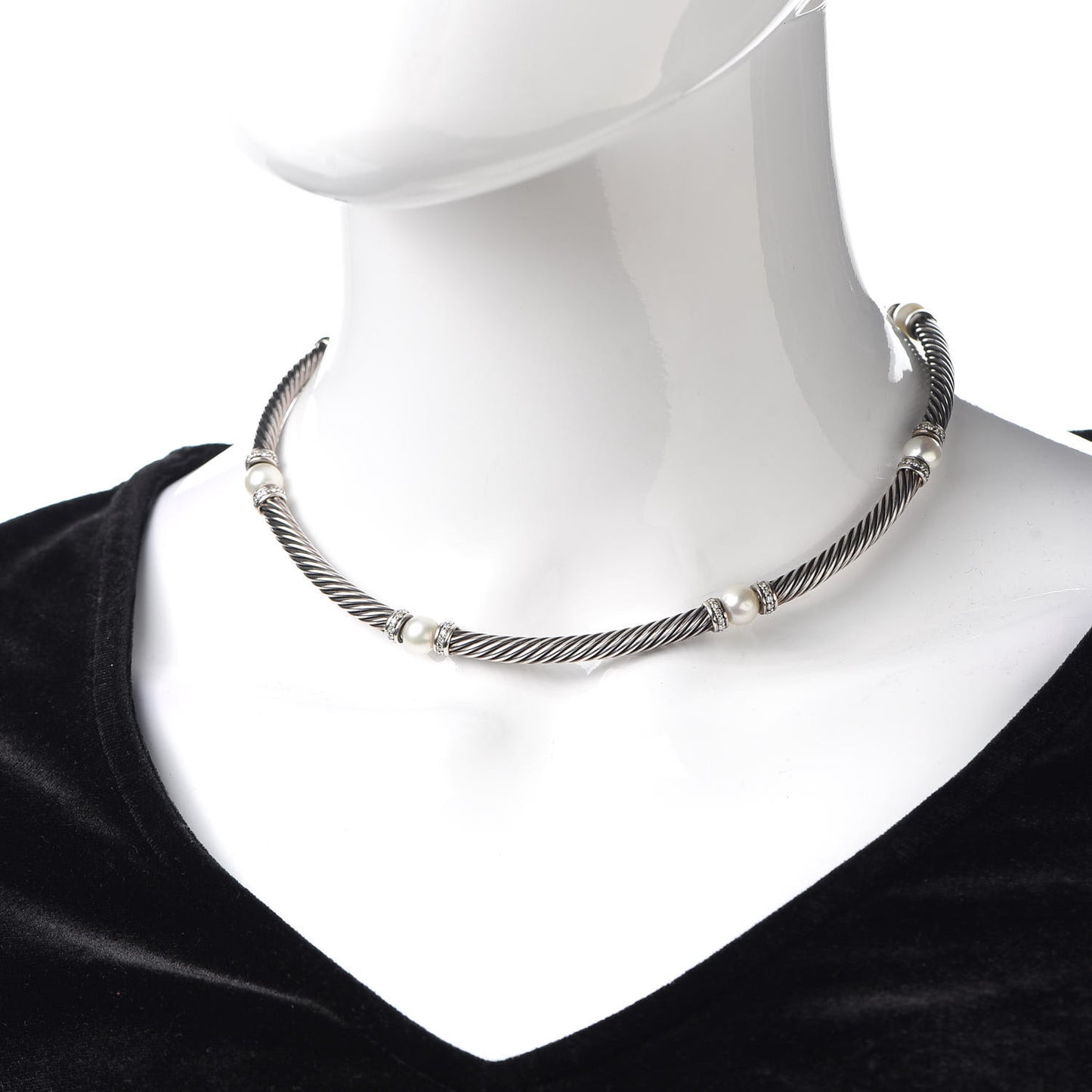 Sterling Silver Diamond Pearl Hampton Cable Choker Necklace