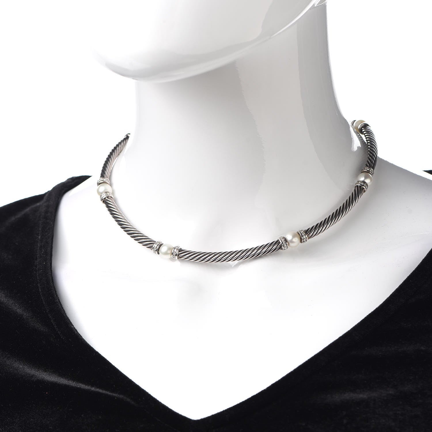 David Yurman Sterling Silver Diamond Pearl Hampton Cable Choker Necklace 2 of 4