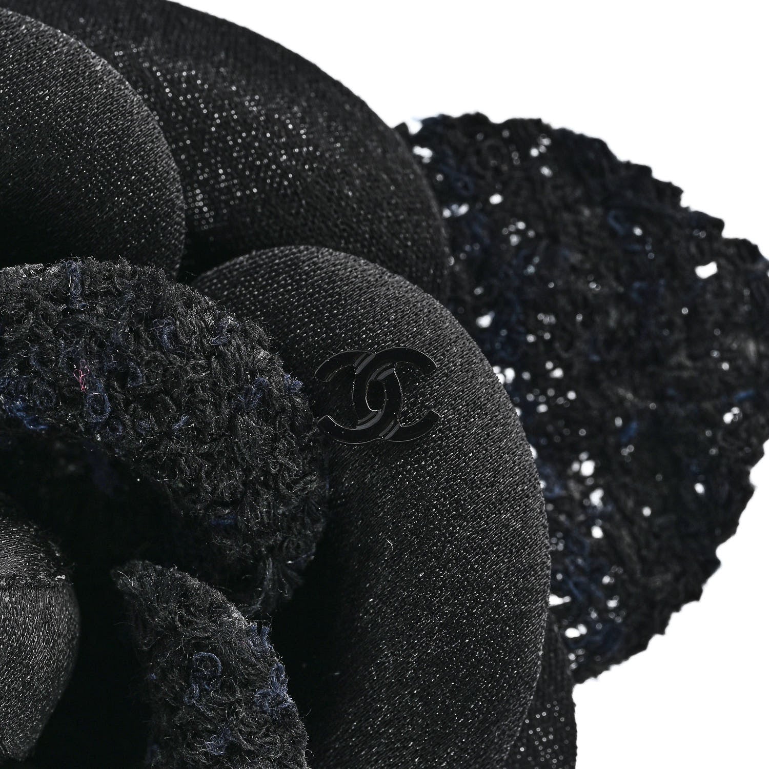 Chanel Tweed Fabric Camellia Pin Brooch Navy Blue Black 3 of 3