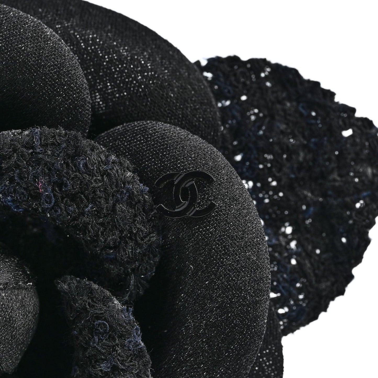 Tweed Fabric Camellia Pin Brooch Navy Blue Black