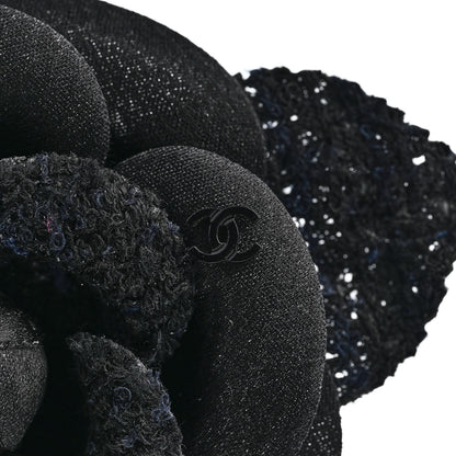 Chanel Tweed Fabric Camellia Pin Brooch Navy Blue Black 3 of 3