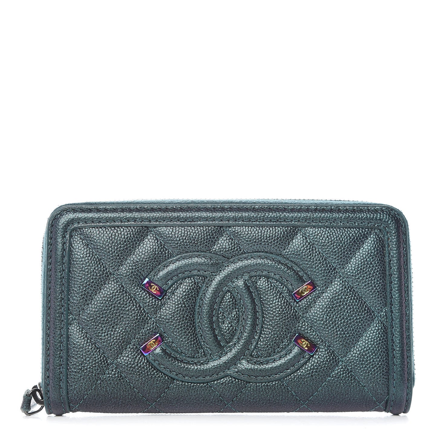 Iridescent Caviar Quilted Medium Filigree Zip Around Wallet Dark Turquoise