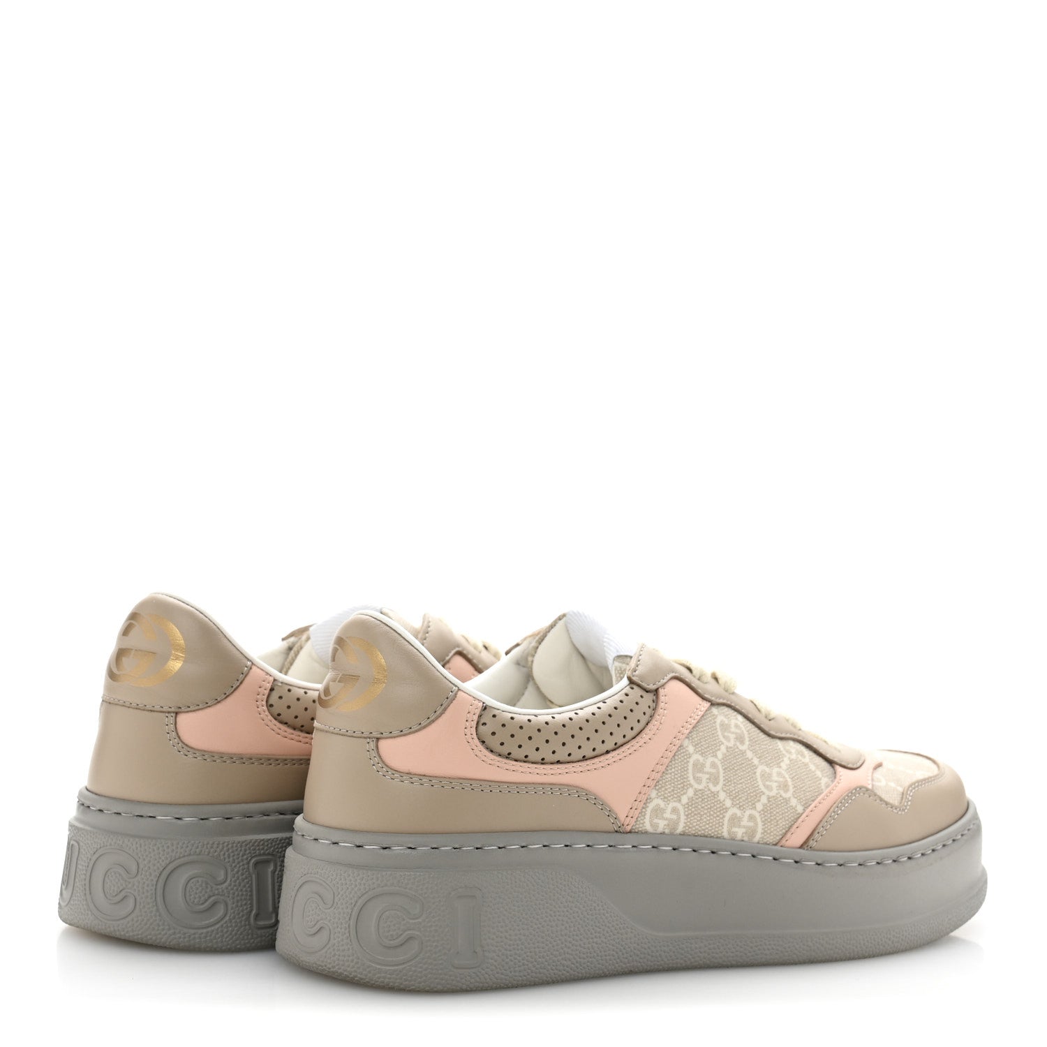 Gucci Calfskin GG Supreme Monogram Perforated Womens Platform 55mm Sneakers 39.5 Apricot Pink Beige Grey 5 of 9
