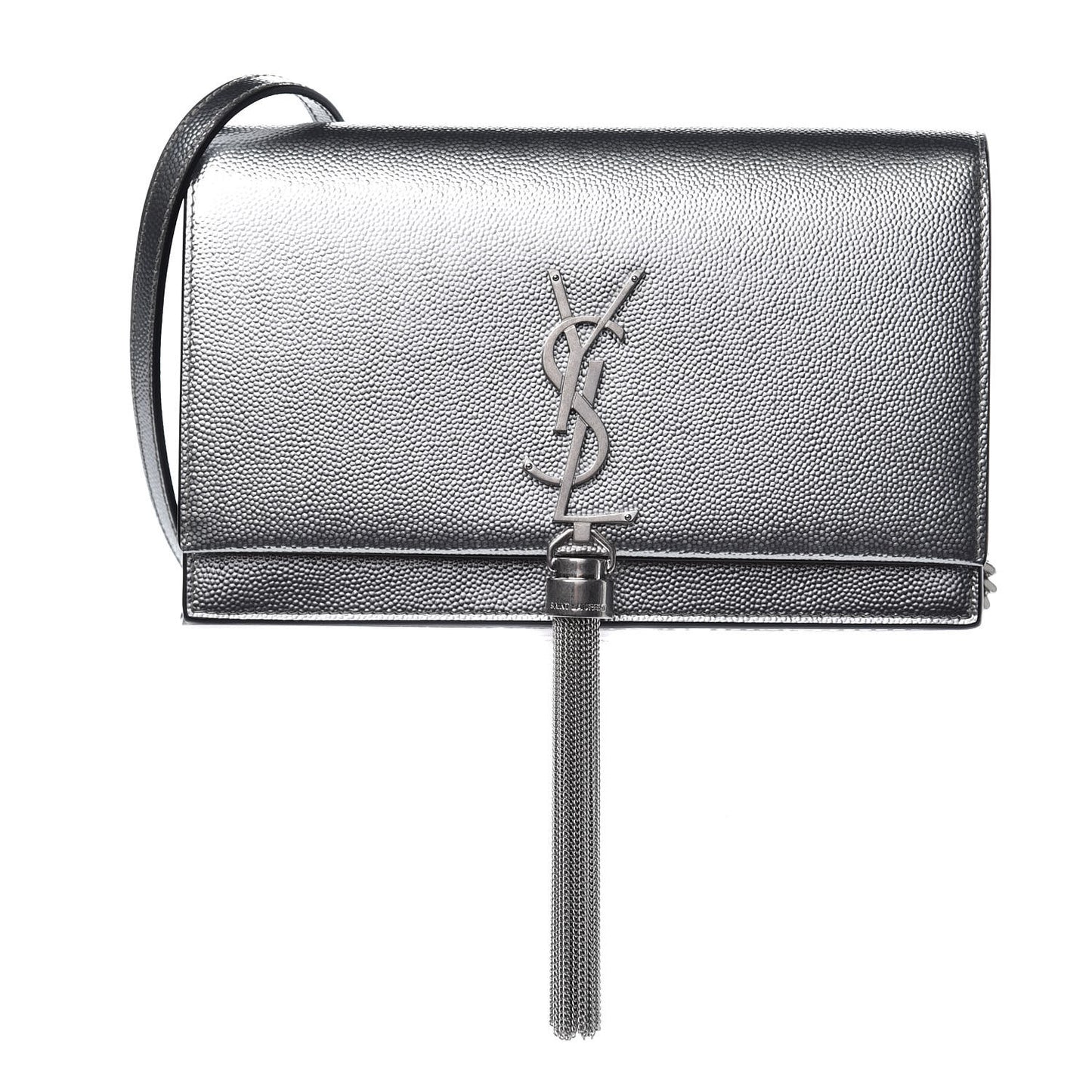 Metallic Grain De Poudre Kate Monogram Tassel Chain Wallet Silver