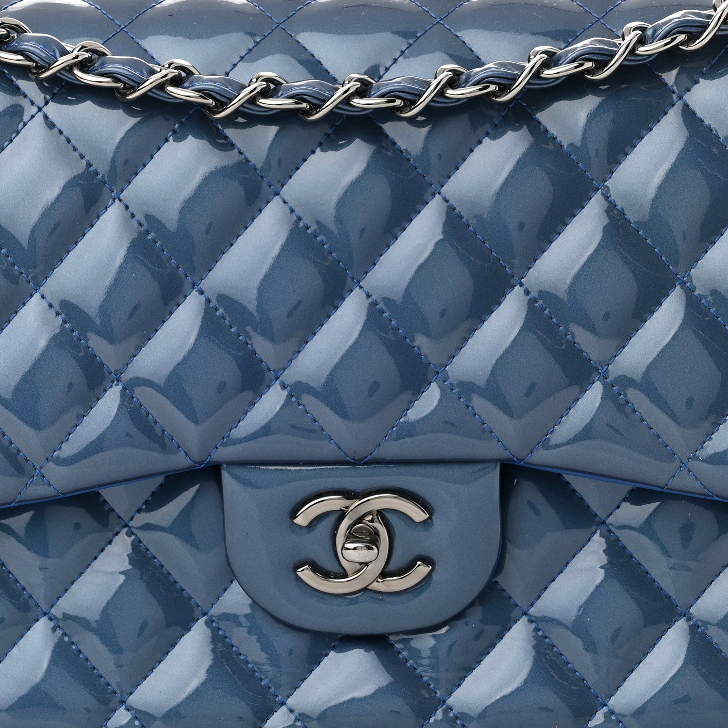 Chanel Patent Quilted Jumbo Double Flap Blue 7 of 9