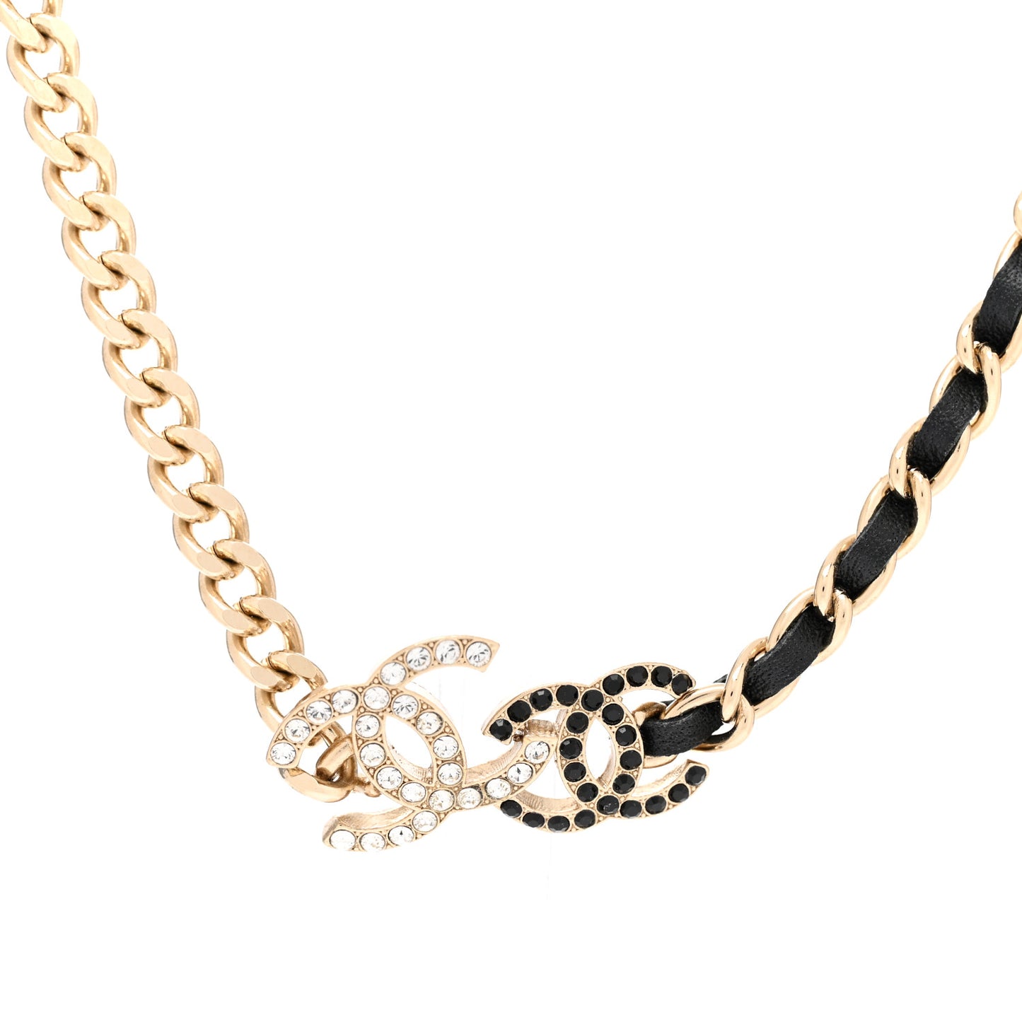 Metal Calfskin Crystal Double CC Short Necklace Black Gold
