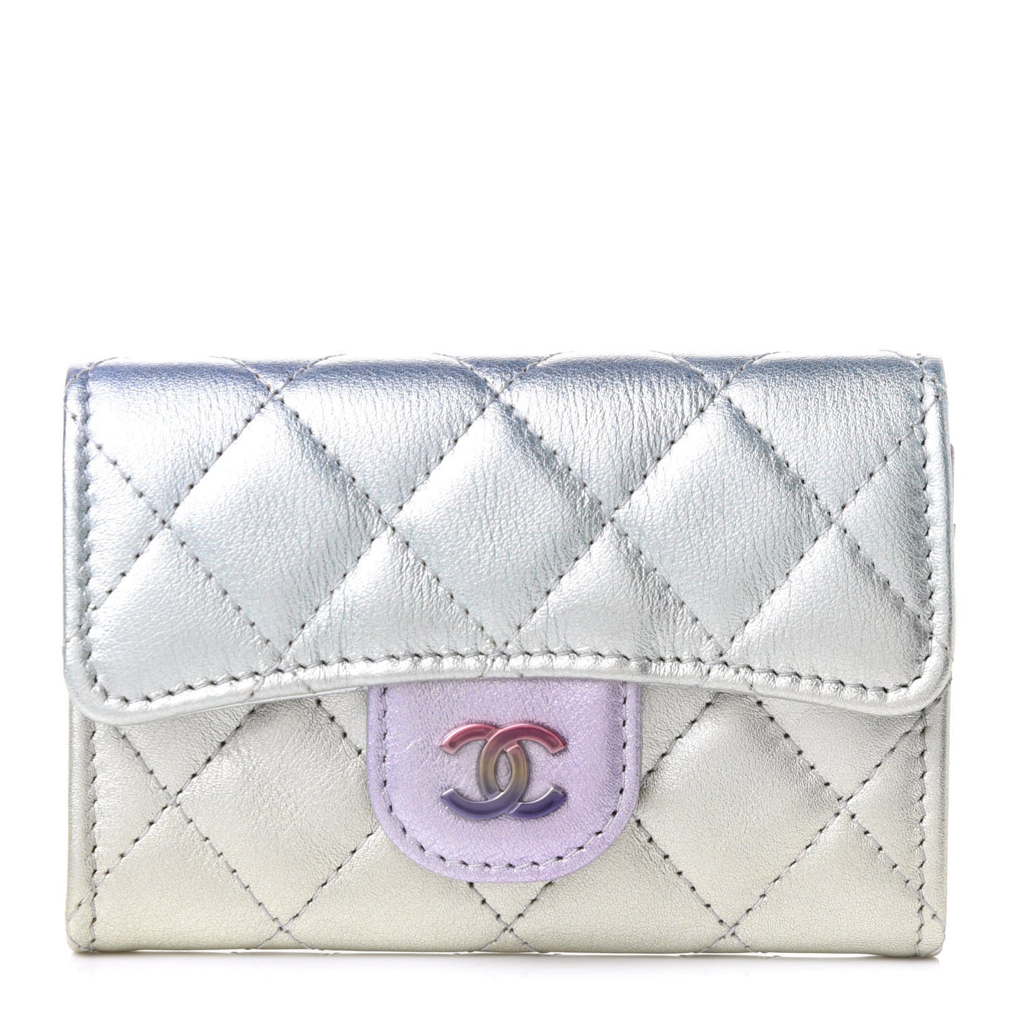 Gradient Metallic Calfskin Quilted Flap Card Holder Wallet Silver Blue Yellow Purple