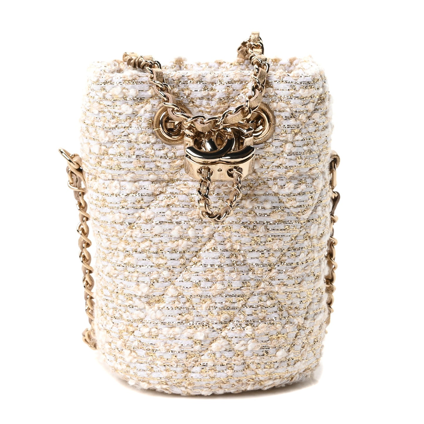 Tweed Mini Bucket Drawstring Bag White Gold
