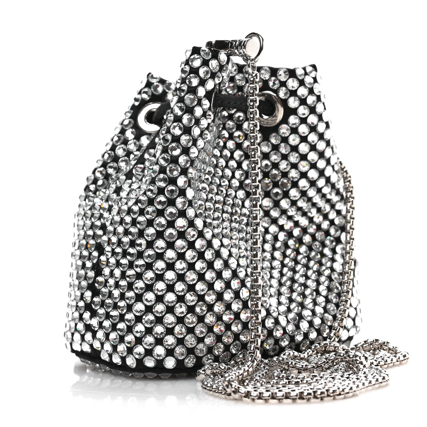 Satin Crystal Metal Triangle Logo Mini Drawcord Pouch Shoulder Bag Cristal