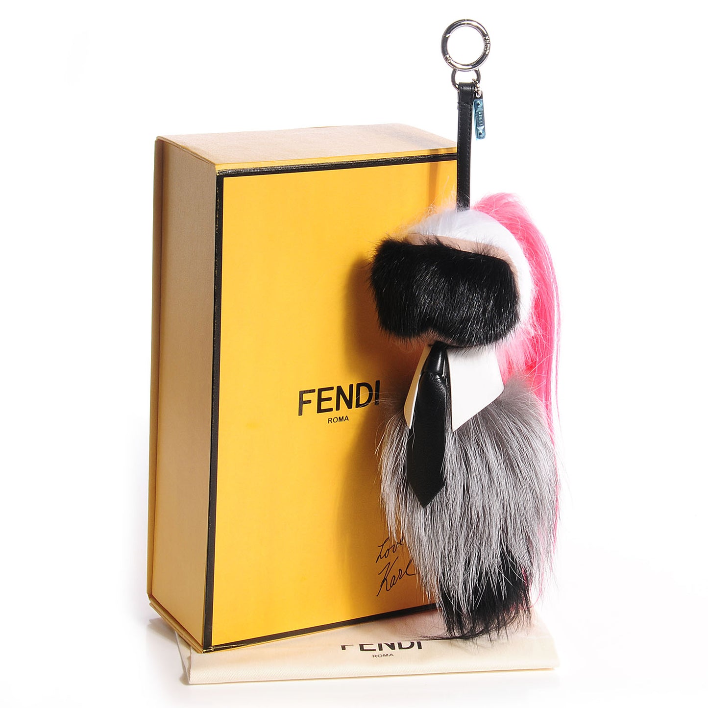 Fox Mink Goat Fur Nappa Karlito Bag Charm Black White Rosa