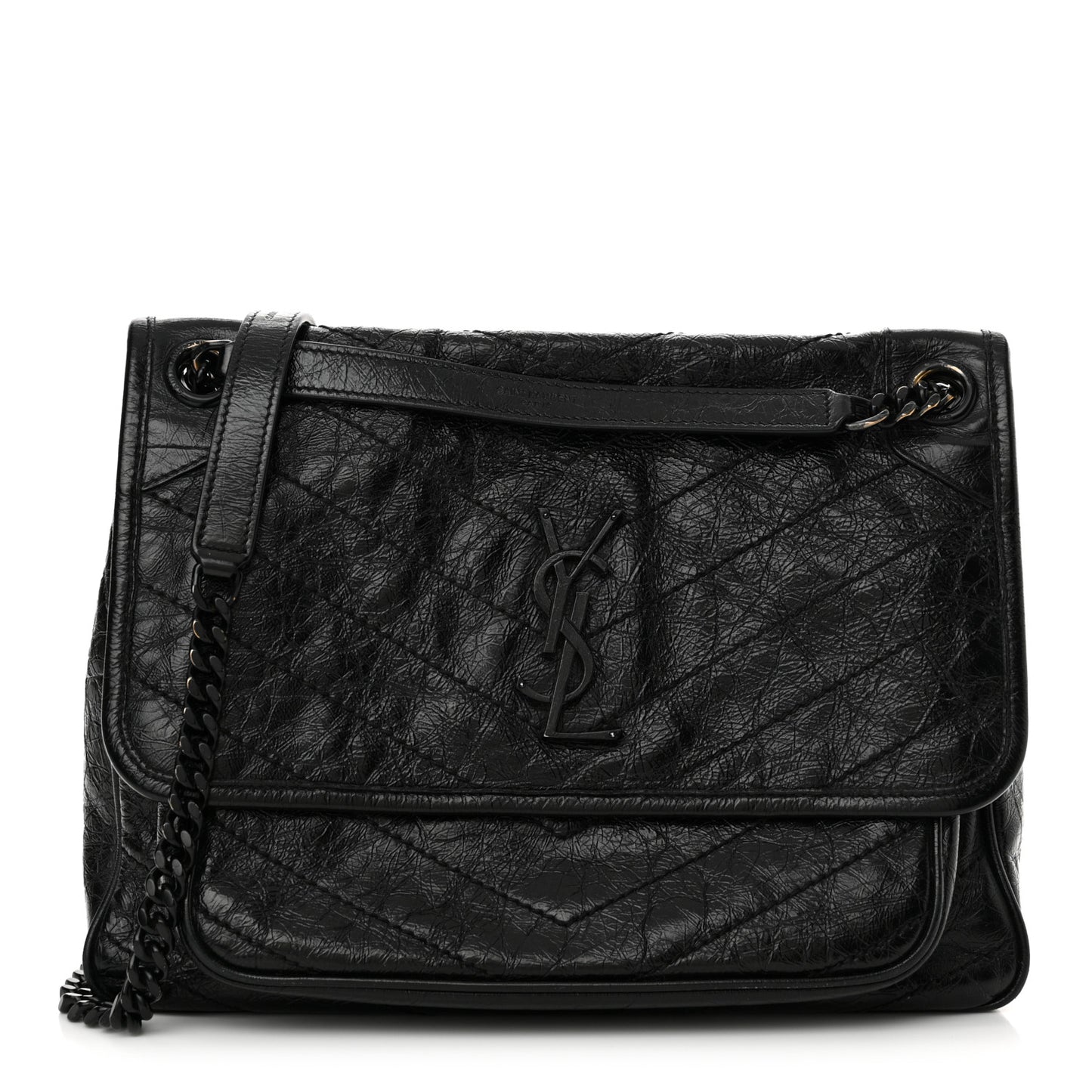 Crinkled Calfskin Matelasse Monogram Medium Niki Chain Satchel Black