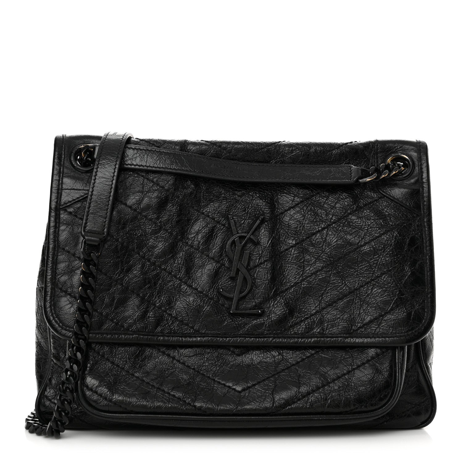 Saint Laurent Crinkled Calfskin Matelasse Monogram Medium Niki Chain Satchel Black 1 of 14