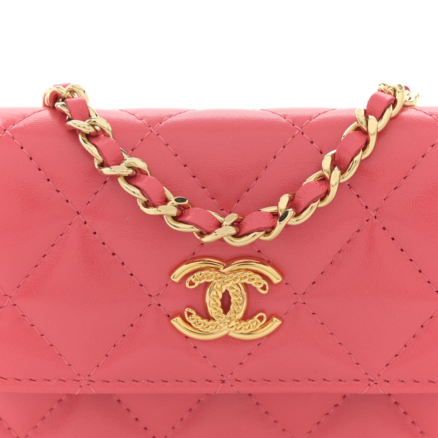 Chanel Shiny Lambskin Quilted Card Holder On Chain Pink 8 of 10
