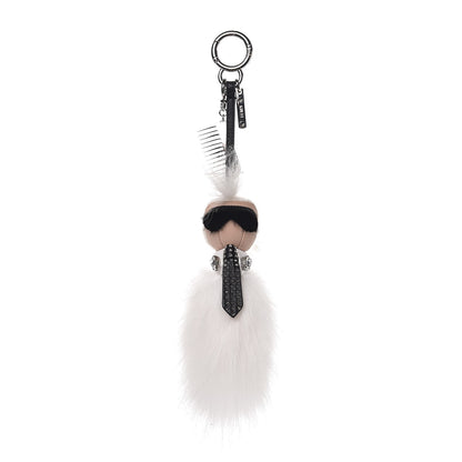Fendi Fox Goat Mink Fur Nappa Crystal Studded Mini Karlito Tuxedo Bag Charm White Multicolor 1 of 3