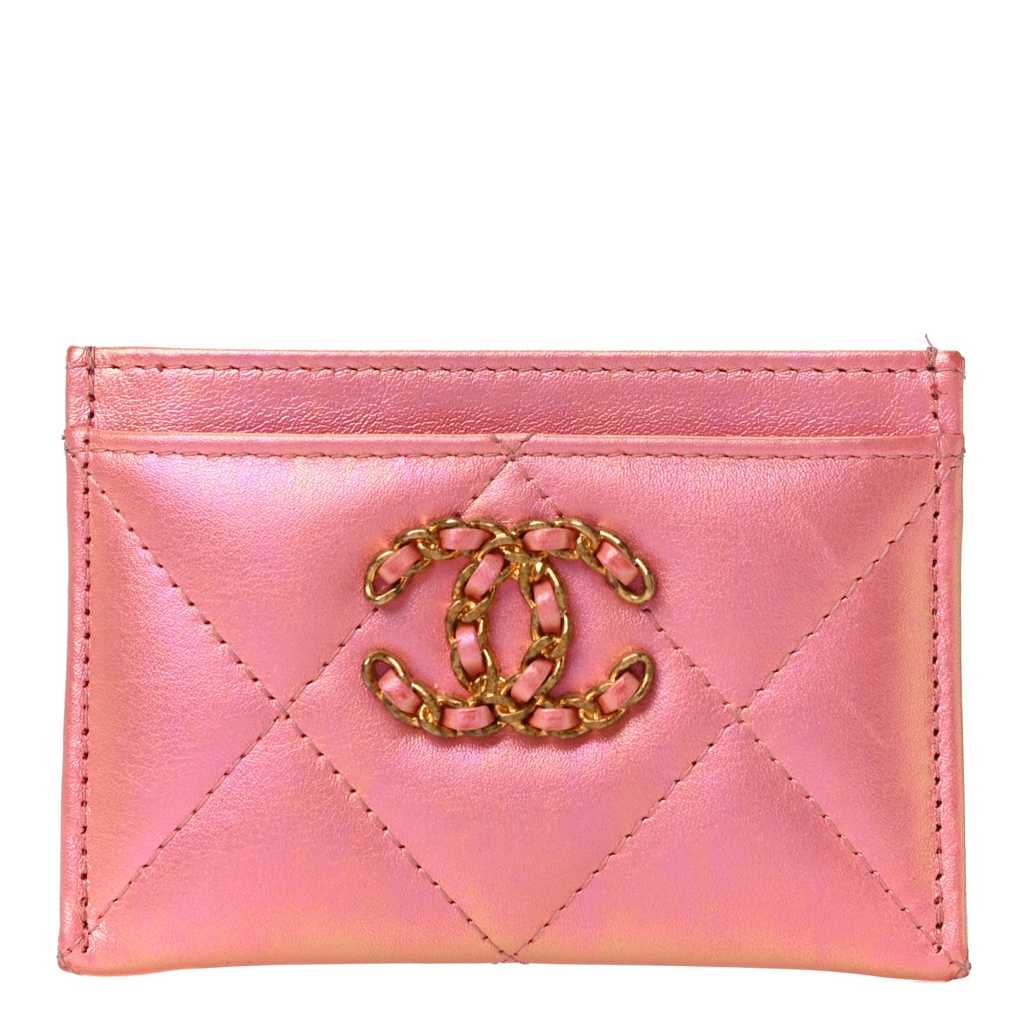 Iridescent Calfskin Quilted Chanel 19 Card Holder Pink
