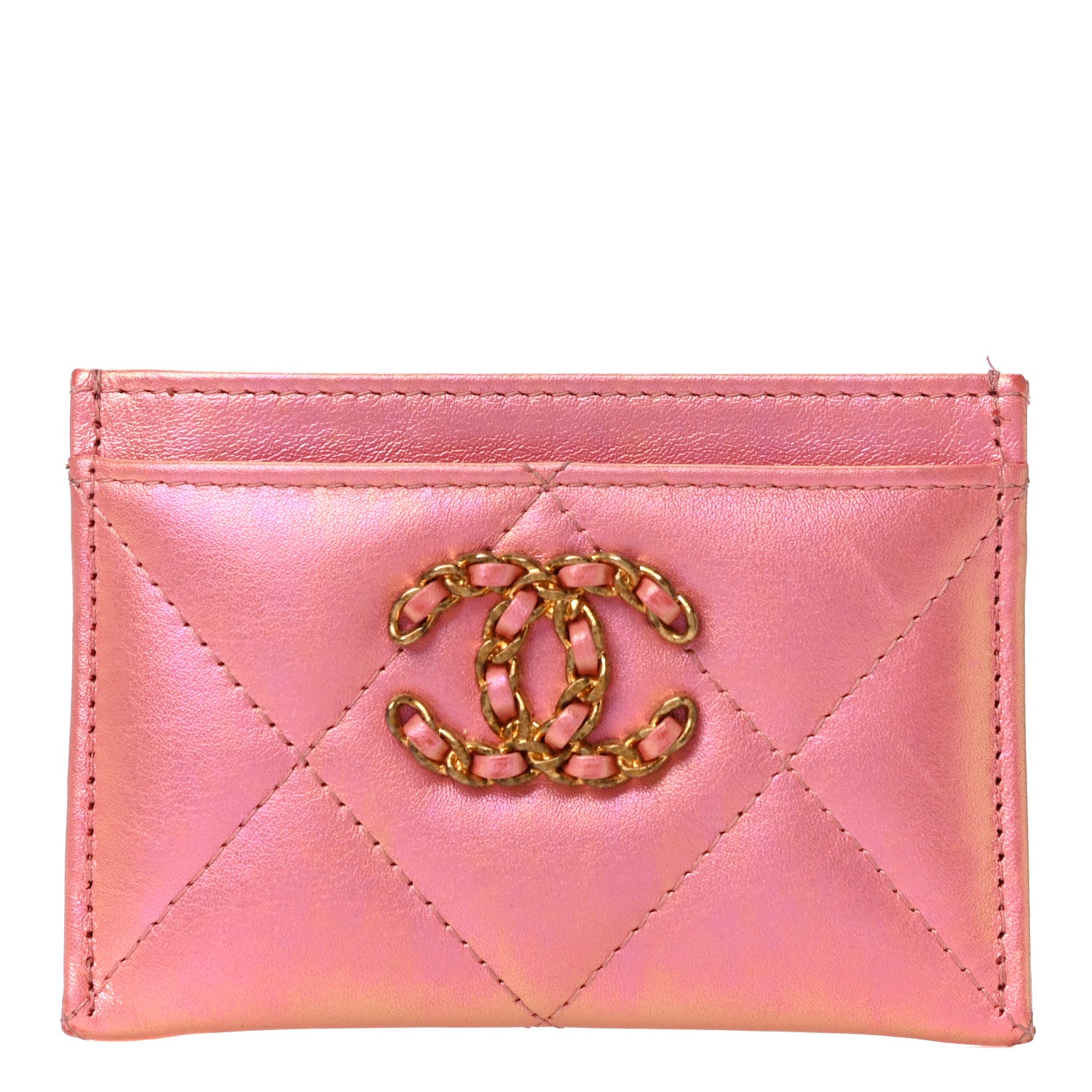 Chanel Iridescent Calfskin Quilted Chanel 19 Card Holder Pink 1 of 12