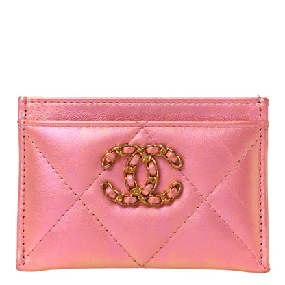 Chanel Iridescent Calfskin Quilted Chanel 19 Card Holder Pink 1 of 12