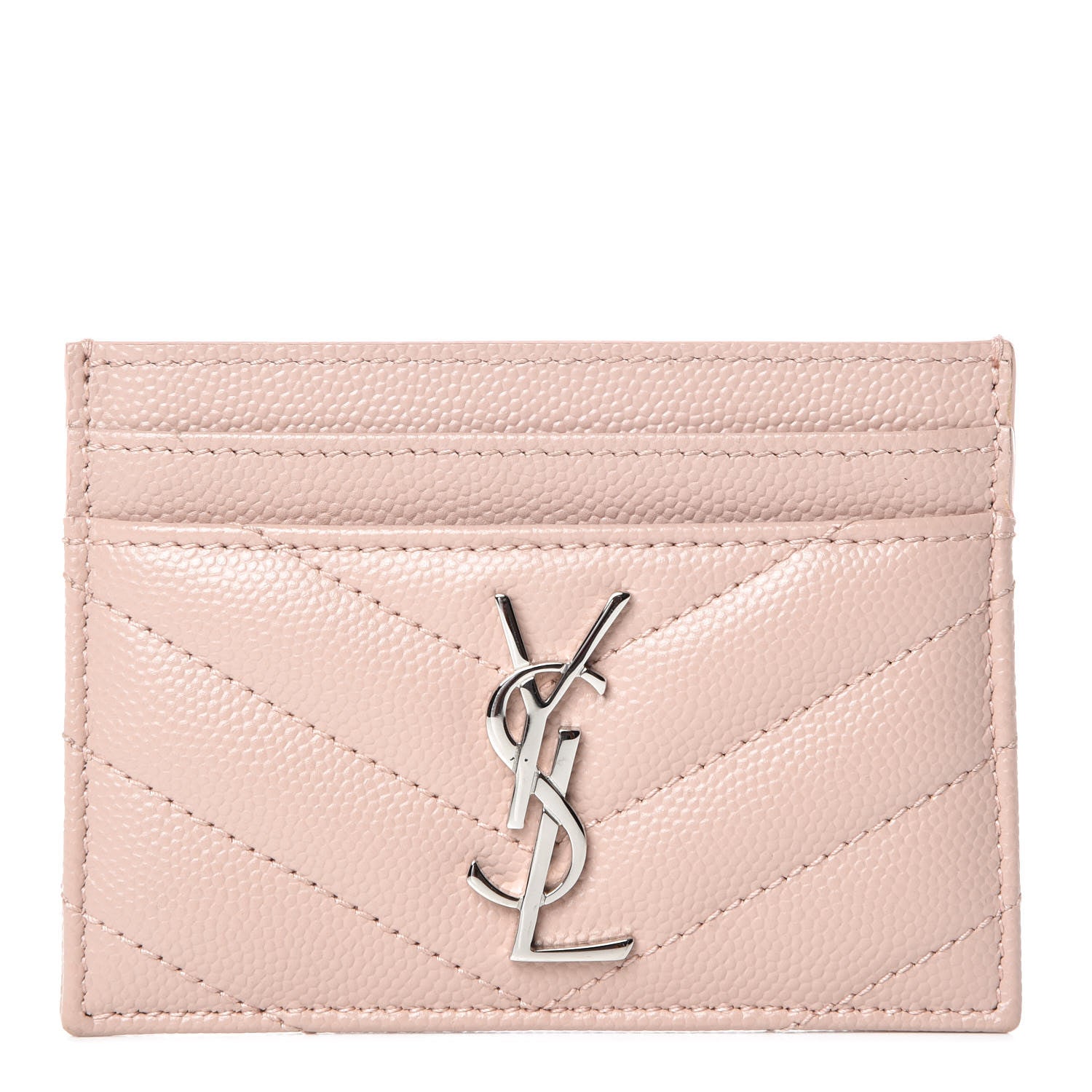 Saint Laurent Grain De Poudre Matelasse Chevron Monogram Credit Card Case Pale Pink 1 of 9