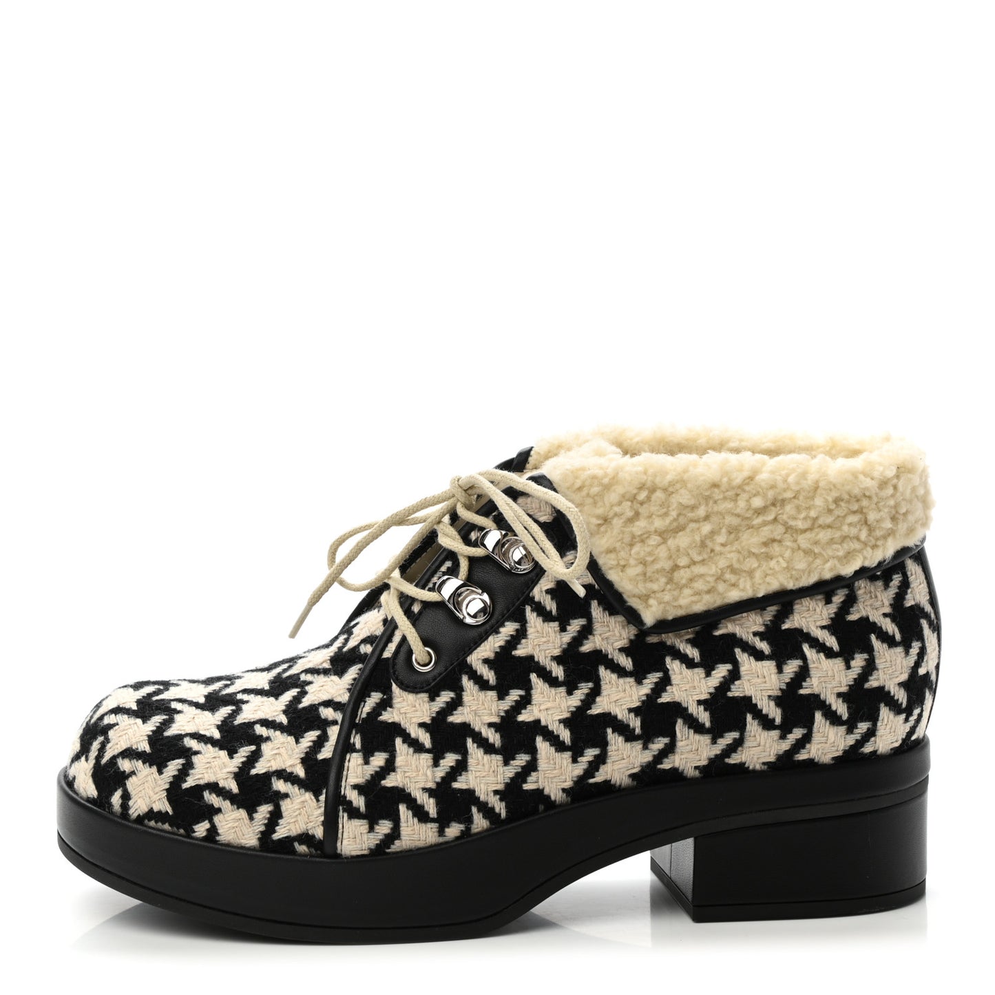 Optical Tweed Faux Shearling Houndstooth Victor Lace Up Ankle Boots 38.5 White Black