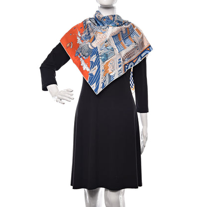 Hermes Silk Le Grand Prix du Faubourg Scarf 90 Orange Bleu White 2 of 4