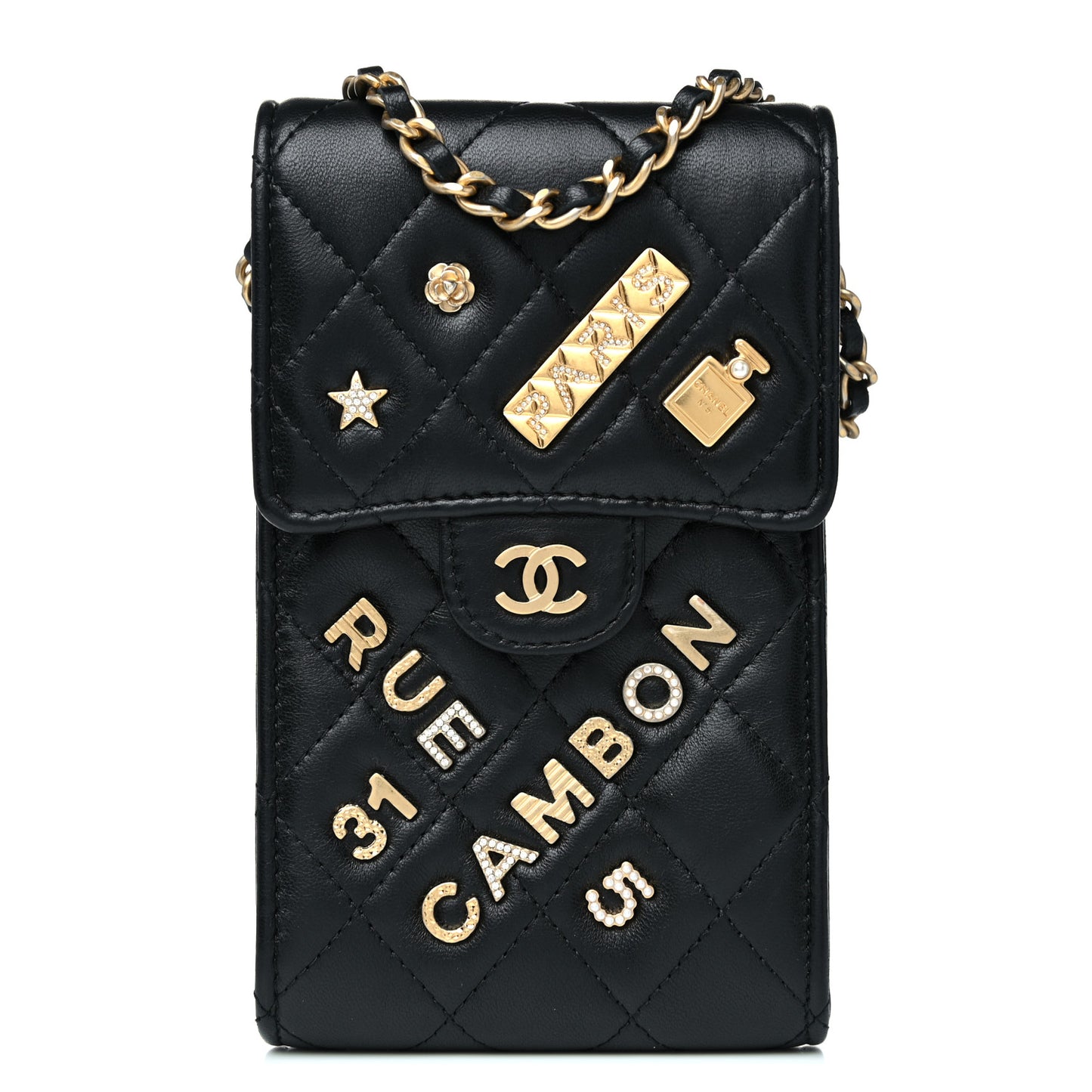 Lambskin Quilted Lucky Charm Phone Holder Black