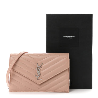 Saint Laurent Grain De Poudre Matelasse Chevron Monogram Envelope Chain Wallet Pale Pink 11 of 11