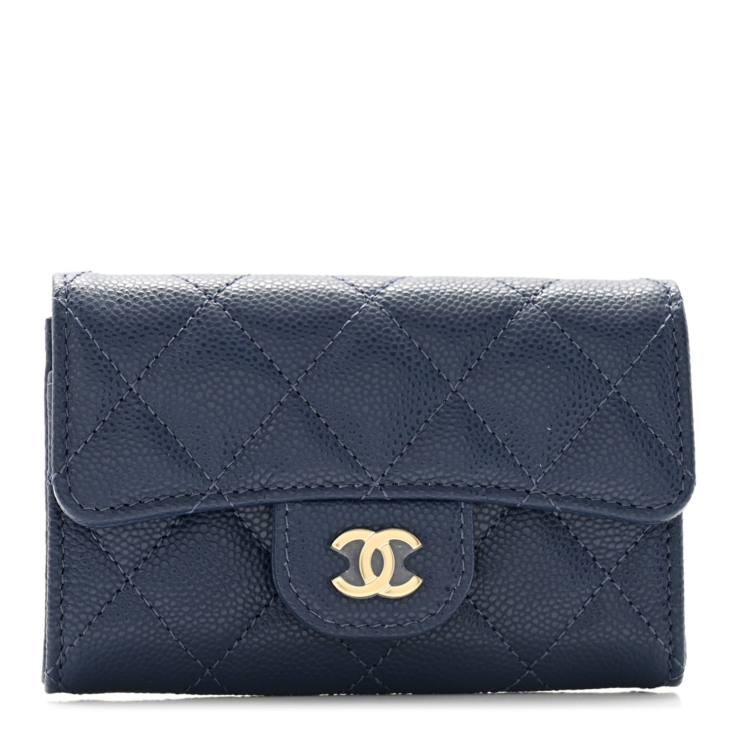 Caviar Quilted Flap Card Holder Wallet Dark Blue