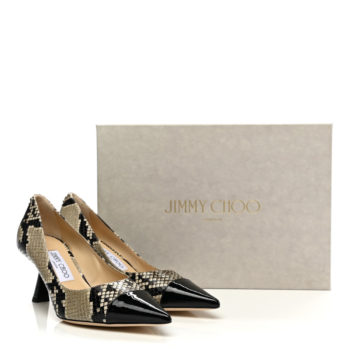 Calfskin Snakeskin Embossed Rene 65 Cap Toe Pumps 37.5 Naturel Black