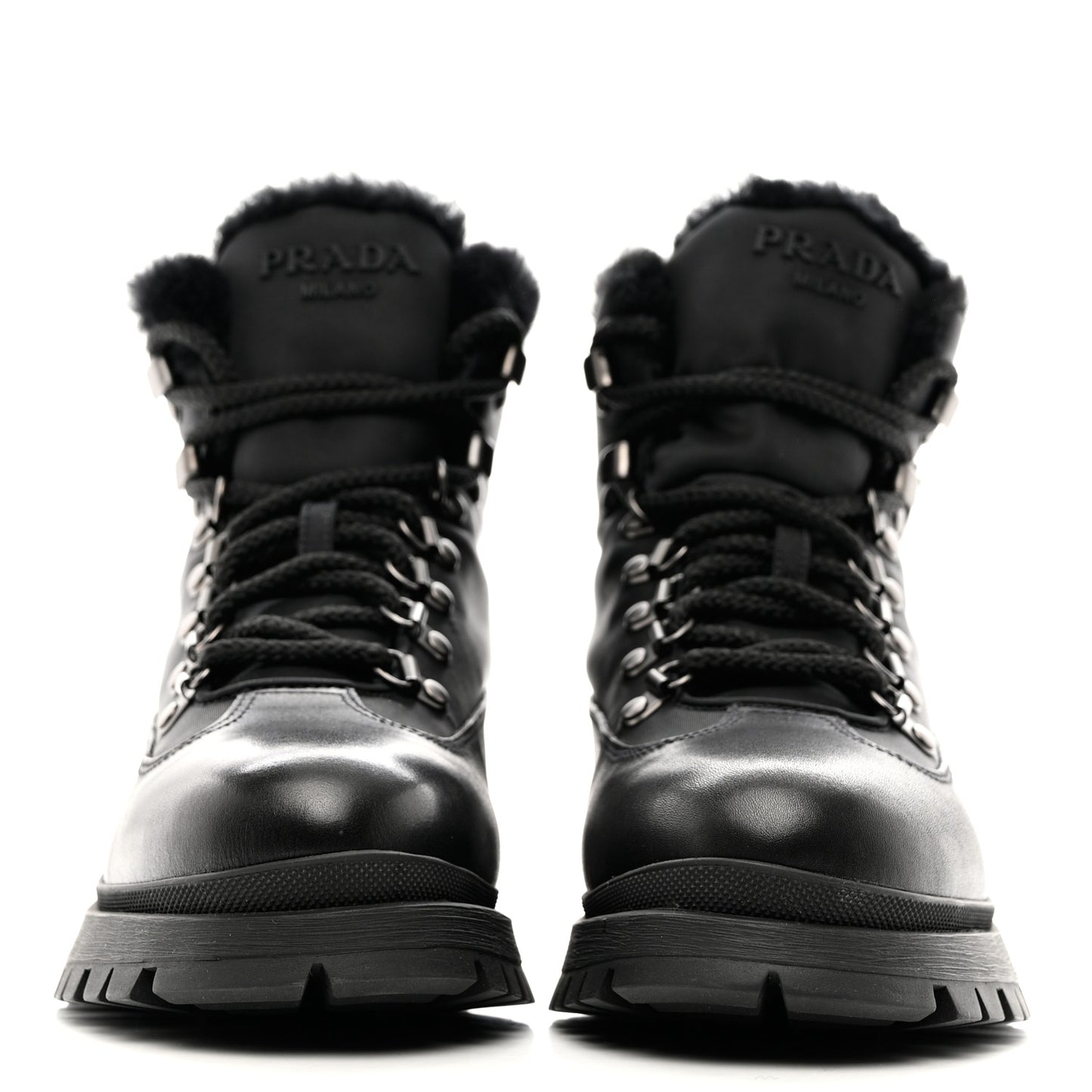 Calfskin Nylon Shearling Metal Triangle Logo Brixxen Boots 37.5 Black